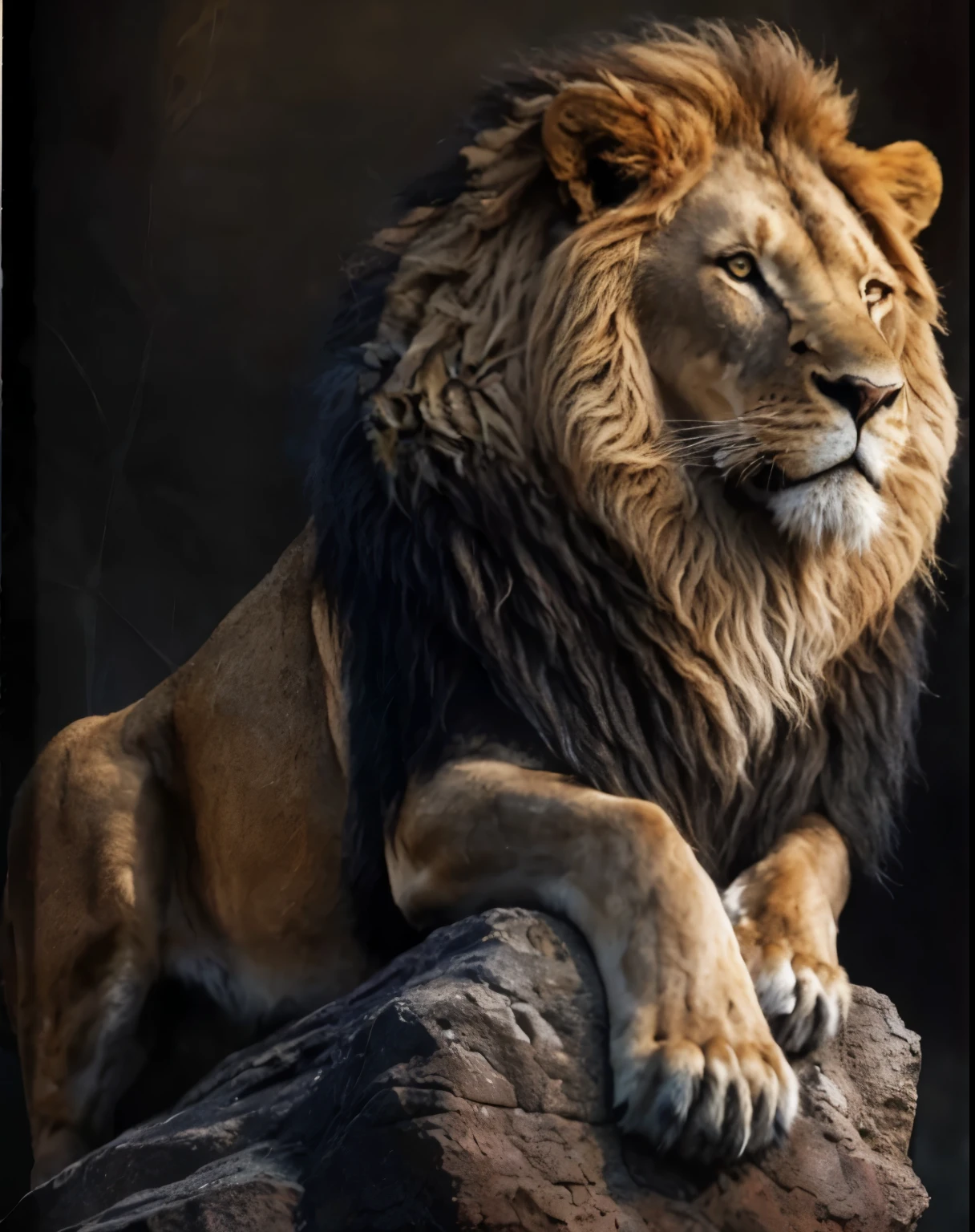 painting of a lion sitting on a rock with a black background, king of the jungle, doing a hot majestic pose, 2 d full body lion, aslan the lion, proud looking, lord of the jungle, regal pose, lion body, profile pic, doing a majestic pose, strong and ferocious, lionardo davinchi, lion warrior, extremely realistic
