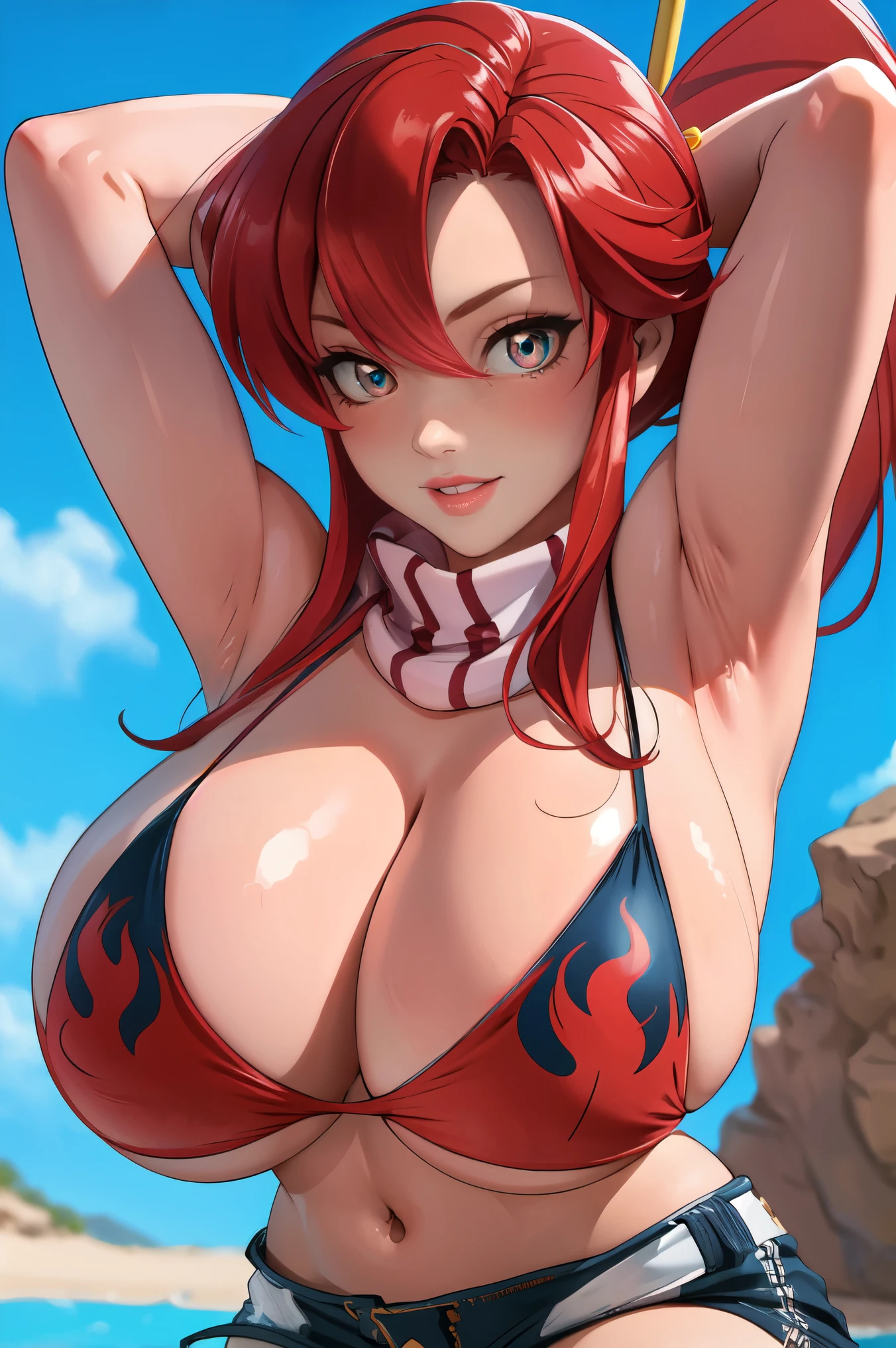 1girl,yokoli,bikini,short_shorts,red_hair,flame_print,gigantic breasts,beautiful detailed eyes,gorgeous detailed face,extremely detailed eyes and face,covered breasts,nsfw breasts,best quality,4k,8k,highres,masterpiece,arms up,armpits,a confident smile,standing in a vibrant desert,exposing herself,shiny skin