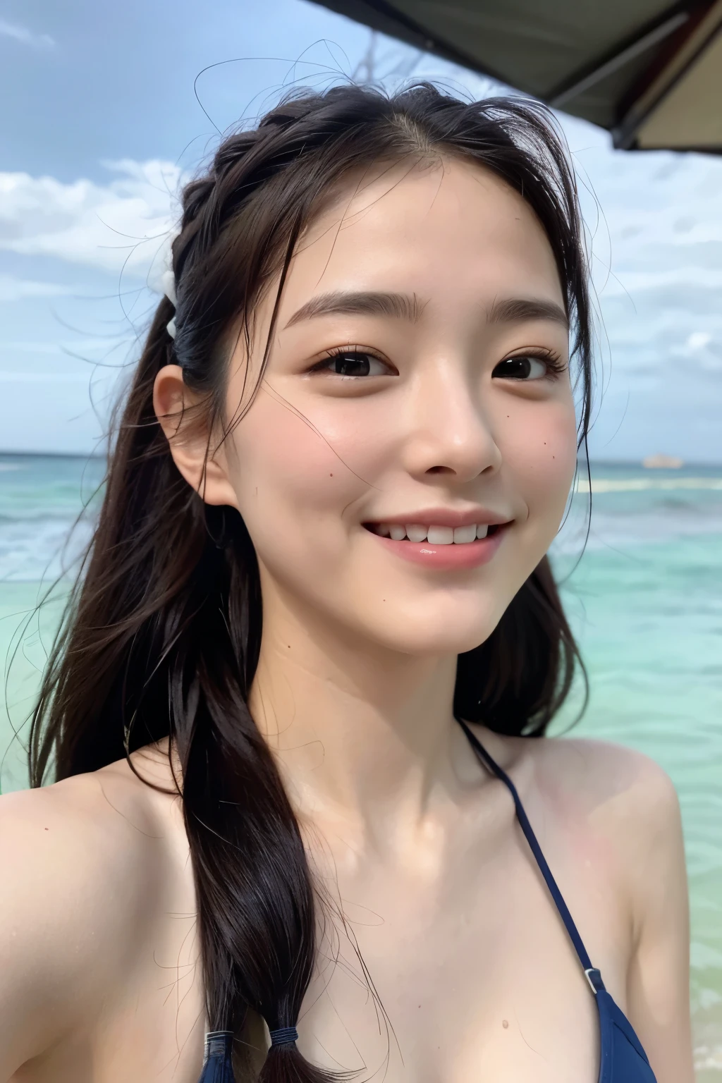 (8k), (highest quality: 1.2), (realistic), (realistic: 1.37), ultra high resolution, 1 girl, cute, smile, closed mouth, beautiful details, beautiful nose, whole body, twin tails , wet hair, (Completely naked),beach、slouch、upward glance