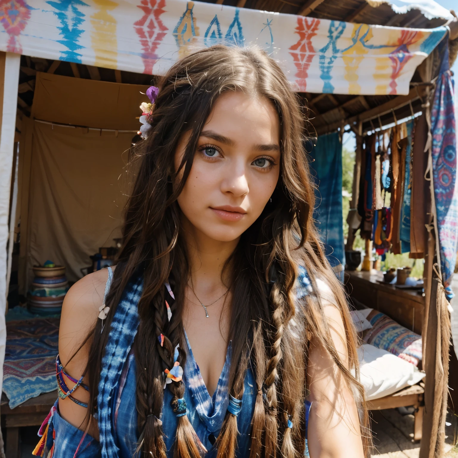 Albanian, girl, long brown dreads hair, blue eyes, Flower , Peace and love, Bohemian lifestyle, Tie-dye fashion, Free spirit, Eco-friendly living, Natural beauty, Music festivals, Spirituality, Wanderlust