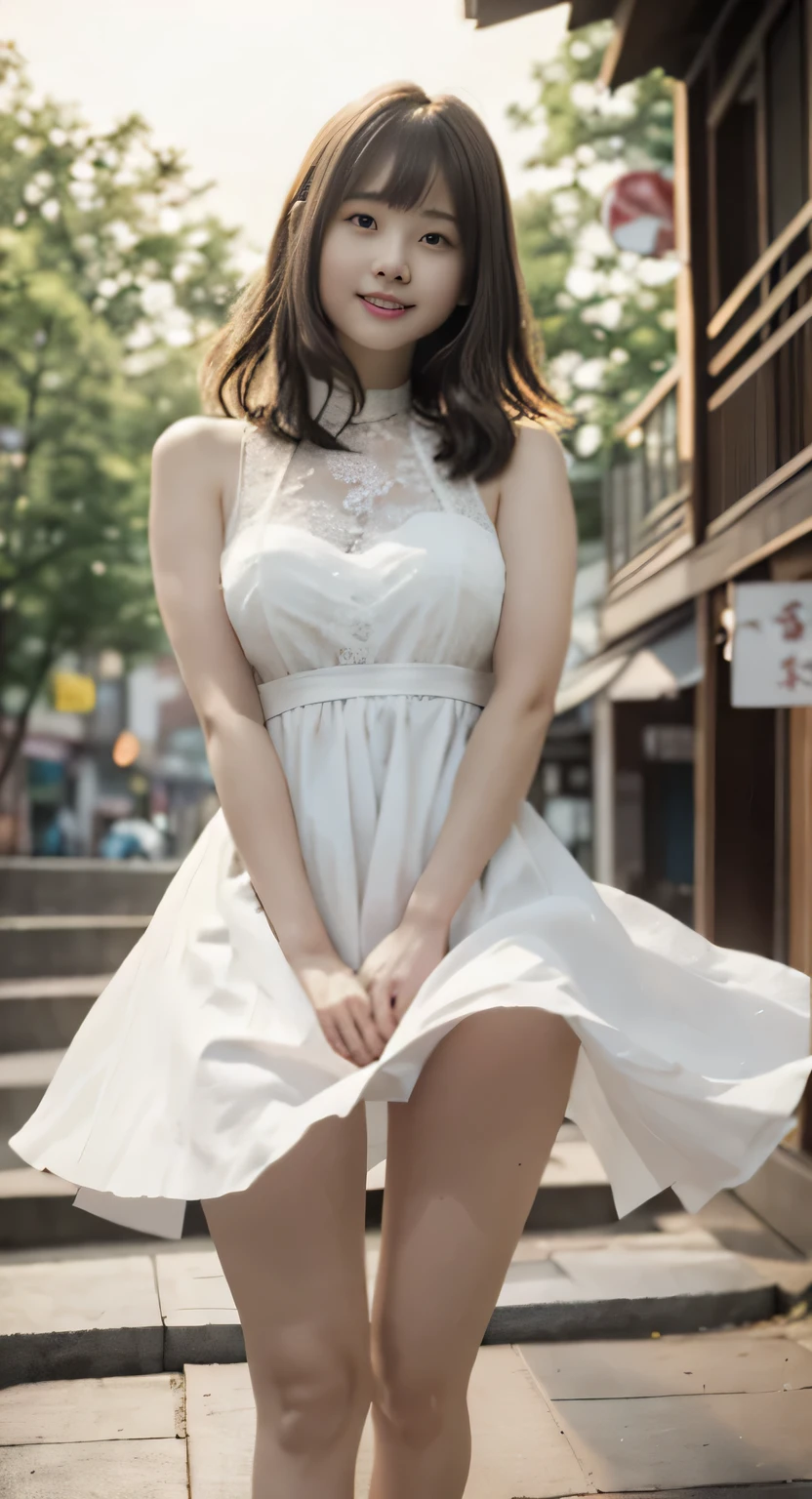 (highest quality、8k、32K、masterpiece、Hmm:1.2)、{{japanese woman:１８Year、(sad smile、blush:1.1)}}、look at the audience、(beautiful detailed dress skirt:1.2)、leg details、(spread your legs:0.9)、(lace panties:0.9)、(wind lift:1.6),[[above the knee shot]],,[outdoor stage]