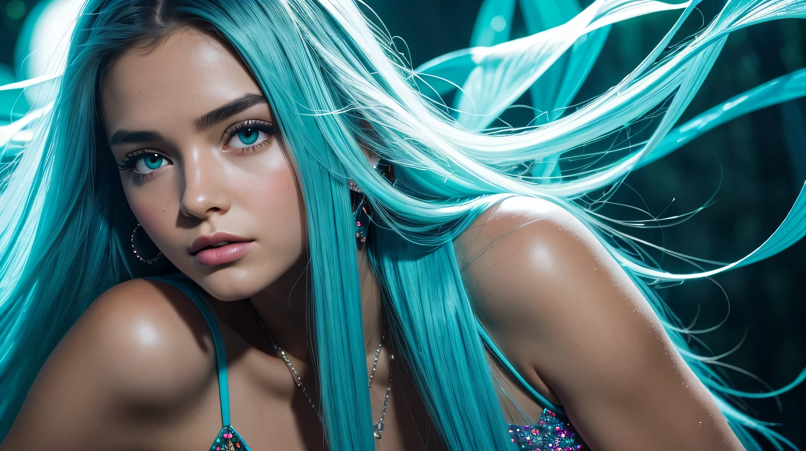 Beautiful realistic girl with BRIGHT WHITE-TURQUOISE long hair... ,Close-up of clean skin with detailed skin ,full length,in a short miniskirt,on an orange background ,Against the background of the starry sky,bright makeup,EARRINGS WITH GLITTERS,two-leaf gray flower,translucent speckled bifoliate gray,Bioluminescent - Ultra High Quality 8K Music Equalizer, High contrast, rich colors, soft light, Super detailed photos. ultra high quality 8K, High contrast, noise reduction, яркие rich colors.. high quality, 8K Ultra HD, High contrasthigh quality,мягкие close focus,very beautiful flower, translucent red lily of the valley with dew drop flower, bioluminescent flower glows and shimmers, he grows in a mysterious forest, shrouded in mystery, Сверхhigh quality 8k, High contrast, rich colors, soft light, Ultra-detailed photos. Сверхhigh quality 8k, High contrast, noise reduction, bright rich colors.. high quality, 8K Ultra HD, High contrast