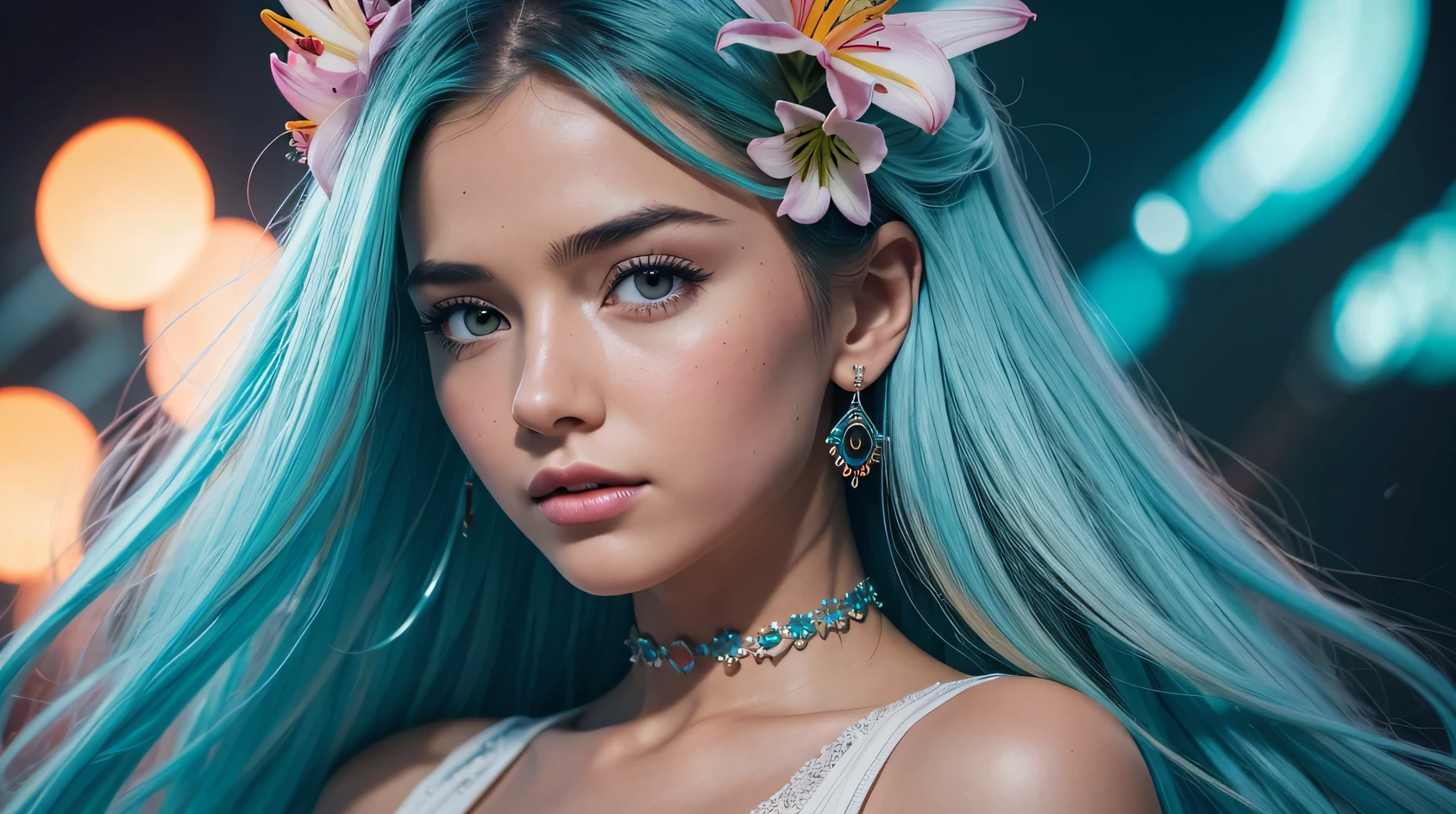 Beautiful realistic girl with BRIGHT WHITE-TURQUOISE long hair... ,Close-up of clean skin with detailed skin ,full length,in a short miniskirt,on an orange background ,Against the background of the starry sky,bright makeup,EARRINGS WITH GLITTERS,two-leaf gray flower,translucent speckled bifoliate gray,Bioluminescent - Ultra High Quality 8K Music Equalizer, High contrast, rich colors, soft light, Super detailed photos. ultra high quality 8K, High contrast, noise reduction, яркие rich colors.. high quality, 8K Ultra HD, High contrasthigh quality,мягкие close focus,very beautiful flower, translucent red lily of the valley with dew drop flower, bioluminescent flower glows and shimmers, he grows in a mysterious forest, shrouded in mystery, Сверхhigh quality 8k, High contrast, rich colors, soft light, Ultra-detailed photos. Сверхhigh quality 8k, High contrast, noise reduction, bright rich colors.. high quality, 8K Ultra HD, High contrast