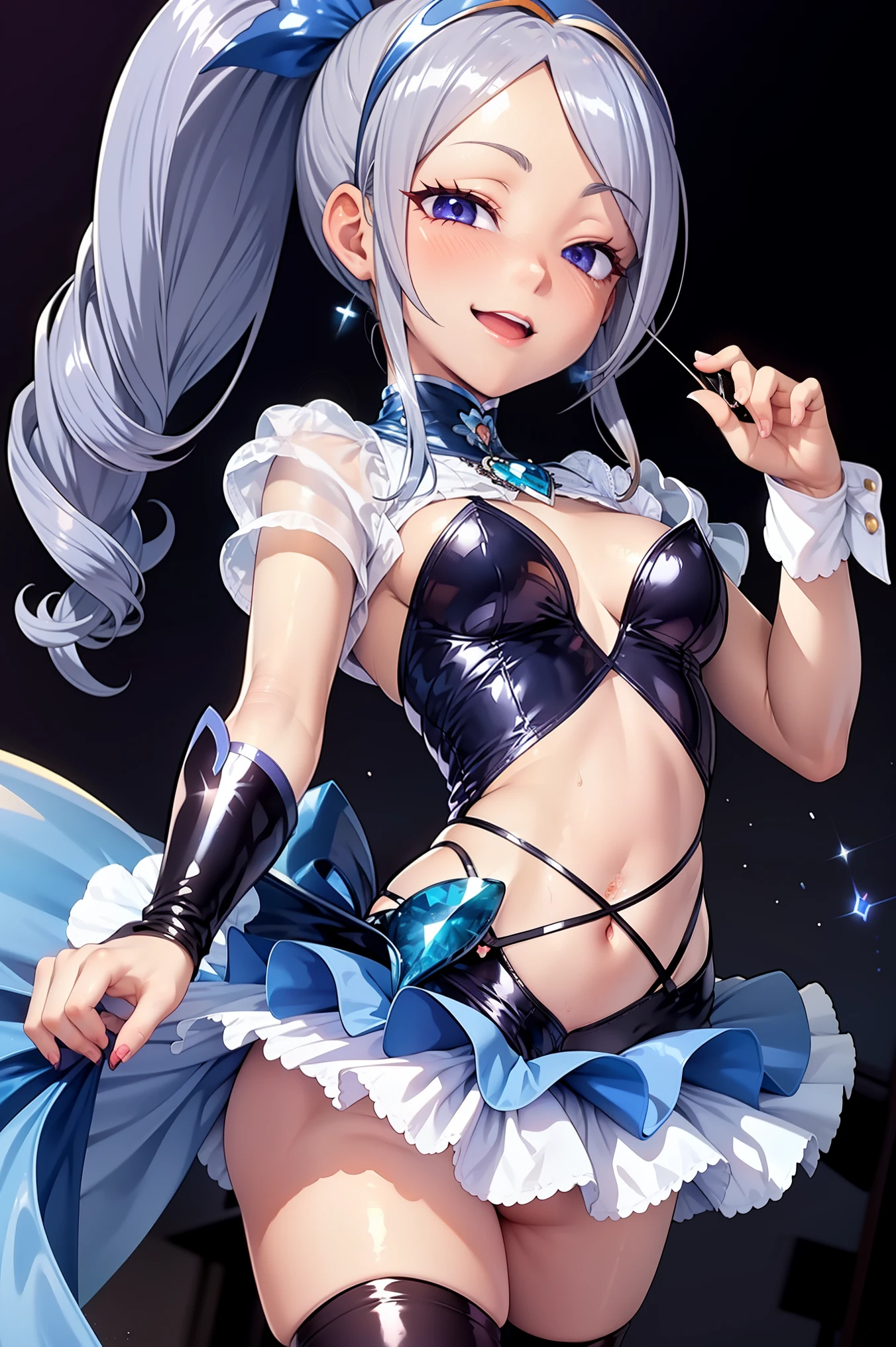 cure berry, precure, wrist cuffs, blue skirt, black latex dress, side ponytail, blue boots, gem, hairband, navy thighhighs, blue ribbon, navel, floral background, corruption, NTRGAO, empty eyes, half-closed eyes, evil smile, no pupils, crazy smile, open mouth, 1girl,  milf, married woman, dark magical girl