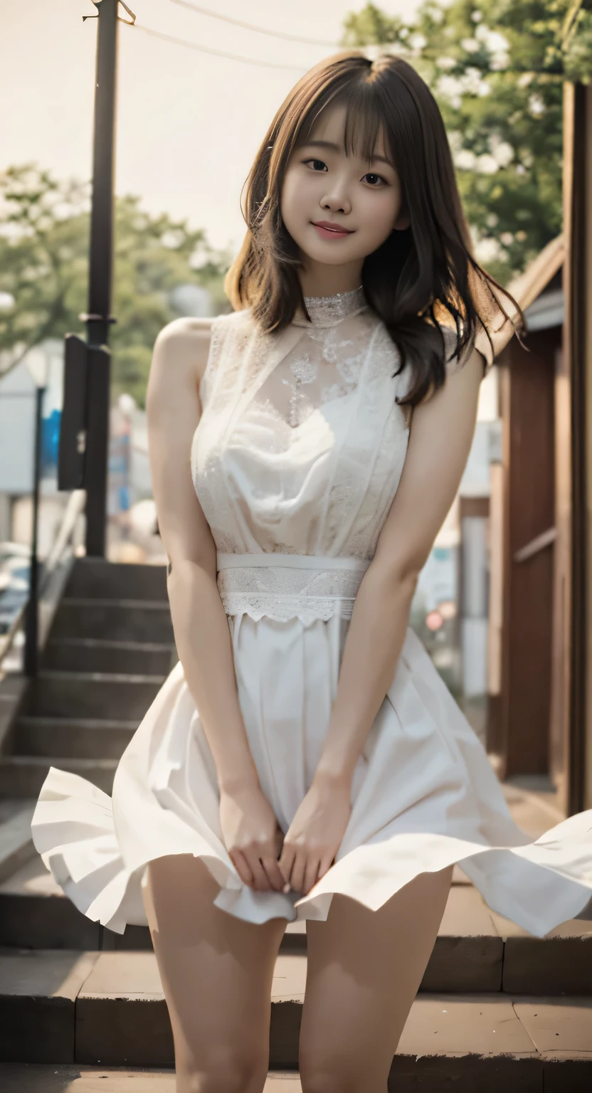 (highest quality、8k、32K、masterpiece、Hmm:1.2)、{{japanese woman:１８Year、(sad smile、blush:1.1)}}、look at the audience、(beautiful detailed dress skirt:1.2)、leg details、(spread your legs:0.9)、(lace panties:0.9)、(wind lift:1.6),[[above the knee shot]],,[outdoor stage]