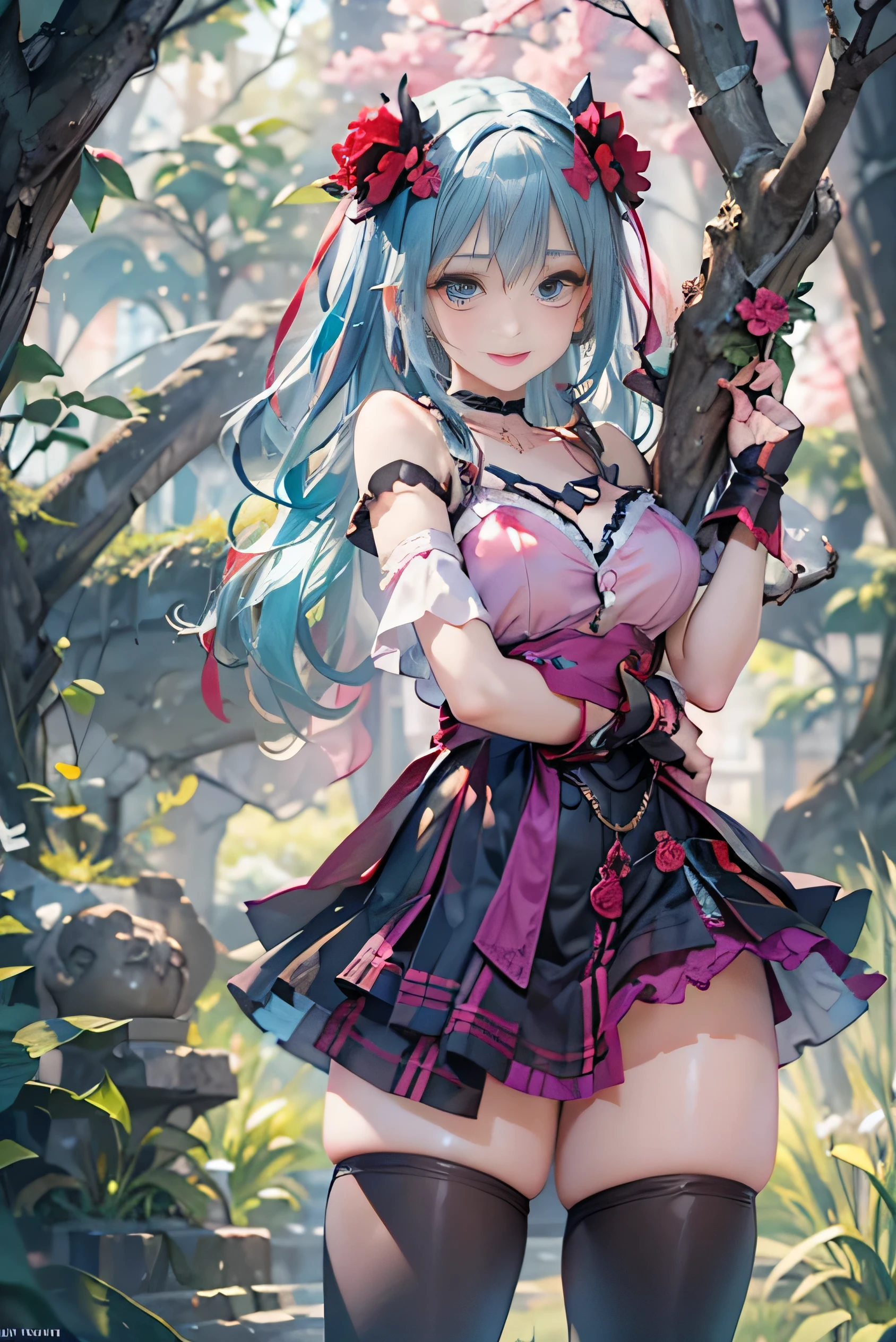 (photorealistic:1.8, highest quality:1.8,8K masterpiece:1.8,High resolution,muste piece:1.8,RAW Photos,cinematic lighting,red and purple dream colors),one goddess、(two-tone armored dress、slit mini skirt、choker、knee high stockings、loafer shoes、Cleavage cut,attractive nipples),(detailed blue eyes:1.7,double eyelid:1.6,Shining beautiful skin), (looking at the camera:1.5),(whole body,photo seen from behind:1.5),( midium Hair:1.2,Beautiful shining blue lime colored hair:1.5), expression(Impish Smile:1.3,face turns red:1.3),(Moderate chest:1.3), Pause(stand with legs apart,Seductive pose:1.5), background(Bright forest with blooming flowers),Nipples are visible through the costume、(detailed perfect face),anatomically correct,correct move:1.5,correct foot:1.5,4 fingers and 1 thumb in correct proportions,(cameltoe),No split screen,slender abs:1.2,highly detailed skin:1.2,(Young sensual gravure idol)