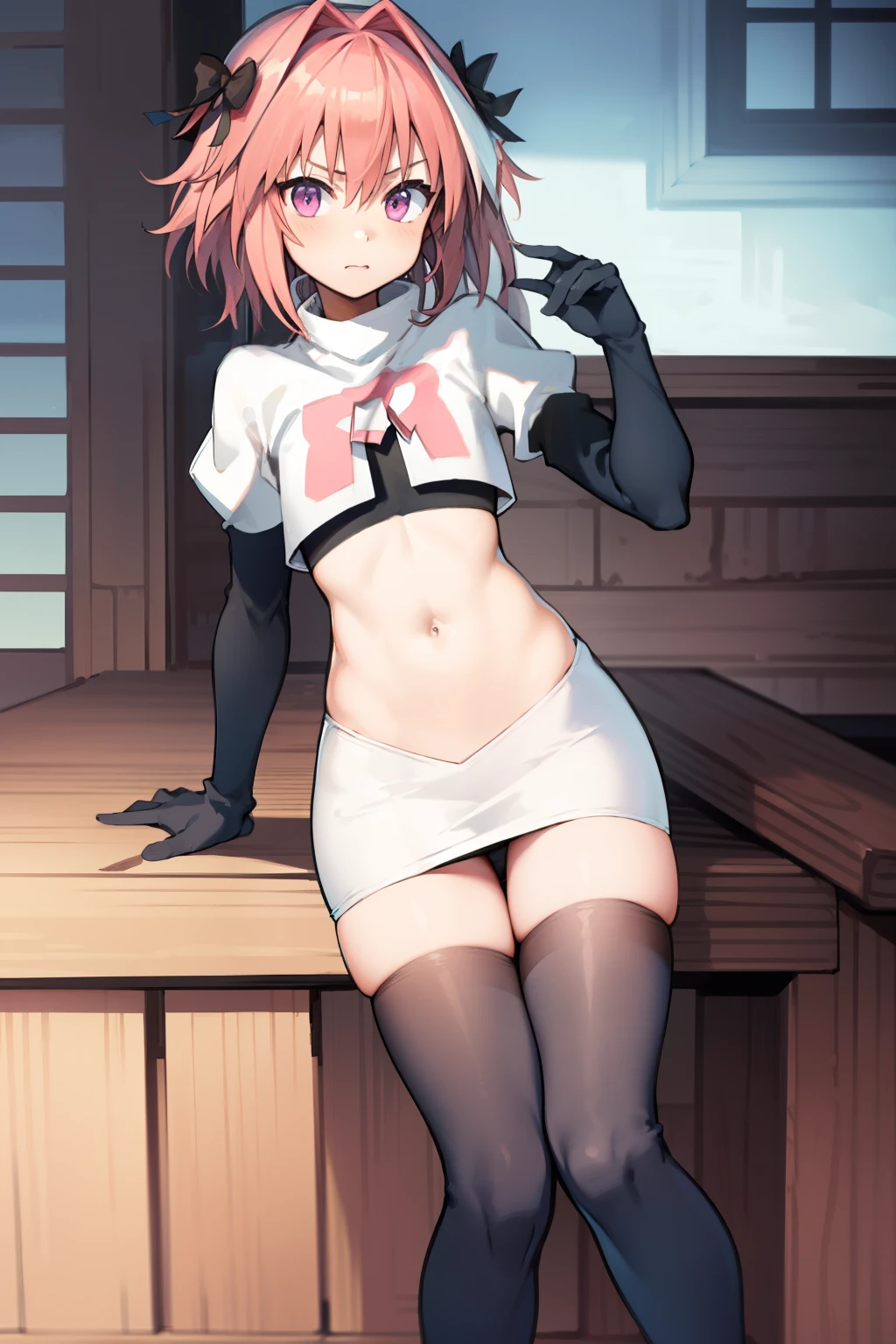 absurdres, masterpiece, best quality, (astolfo fate:1.2155), 1boy, male focus, trap, pink multicolored hair, pink hair, white hair, hair intakes, long hair, pink detailed eyes, crossdressing,1boy, team rocket,team rocket uniform, red letter R, white skirt,white crop top,black thigh-highs,black elbow gloves