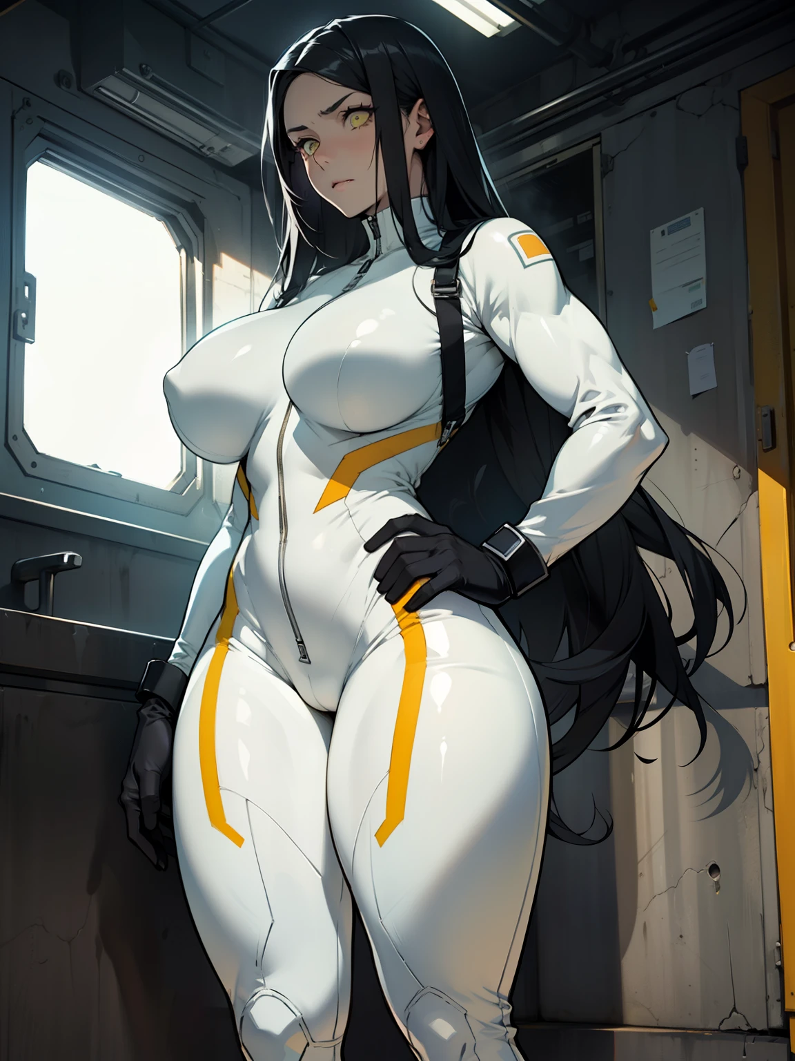(1girl), black hair, extremely long hair, yellow eyeuscular)))))), ((((huge breasts)))), ((((thick thighs)))), solo, despair face, (pale skin), cowboy shot, (((full bodysuit)))