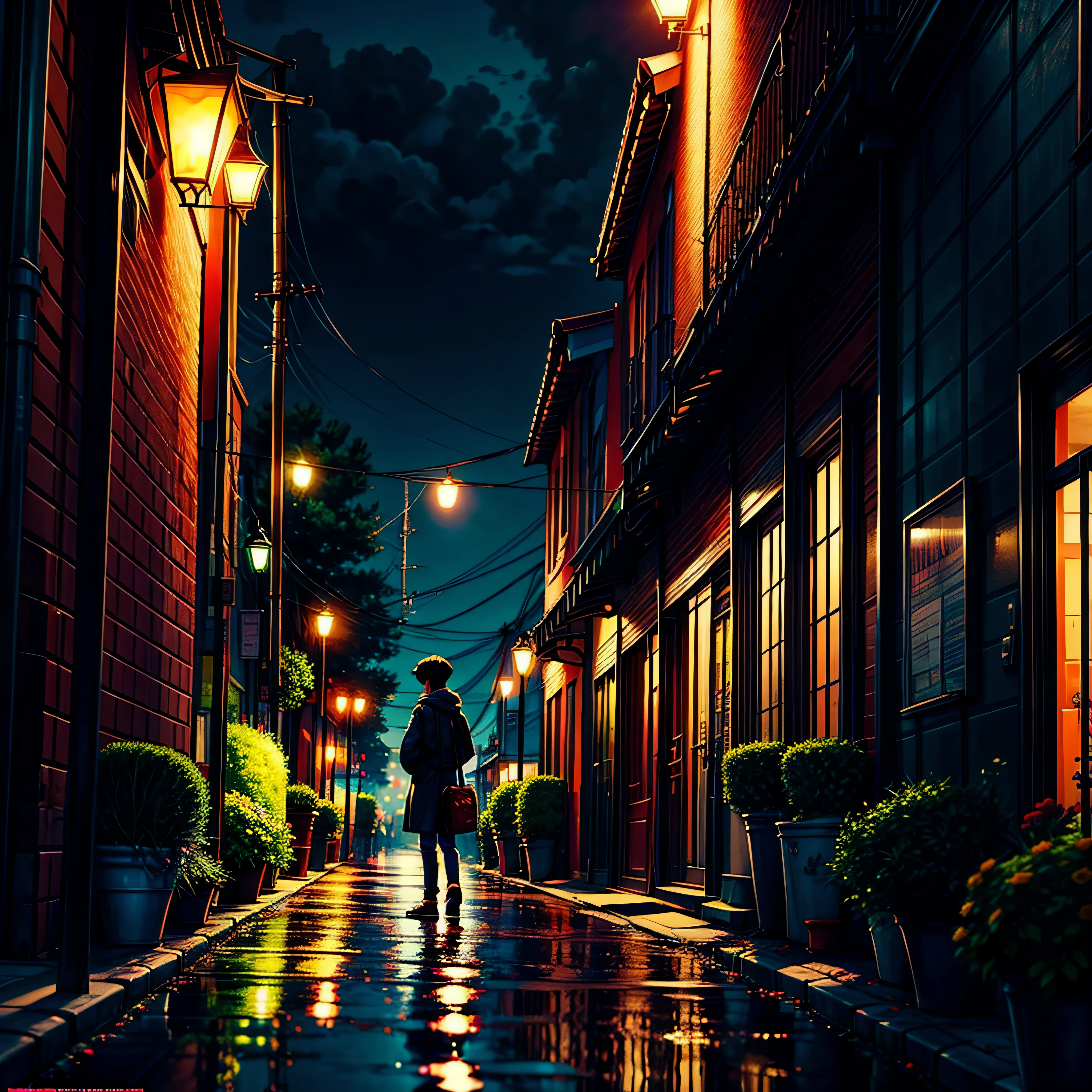 City flower shop, potted plants, flower, rainny night,water reflection puddle,oriental design, hanging lights , digital painting, sunset,wind up,concept art, illustration, intricate, many people, hanging lights, happy, beautiful colorful light, flower, plants ((tileset)) Anime - City street style scene, a woman waiting in front of a store, anime background art, detailed scenery - width 672, anime landscape concept art, anime style cityscape, Studio Ghibli anime style, Studio Ghibli art style, Studio Ghibli program, anime landscape, Studio Ghibli art style, Landscape artwork, Beautiful anime landscape, Forest city street, Ghibli art style, cake shop, cake shop, bakery cake shop, Makoto Shinkai style, Makoto Shinkai anime, Shinkai Makoto art style, insanely detailed, ((tmasterpiece)), absurdres, HDR, UHD, varied multi etc. --v6 --s1000 --c20 --q5 --chaos100