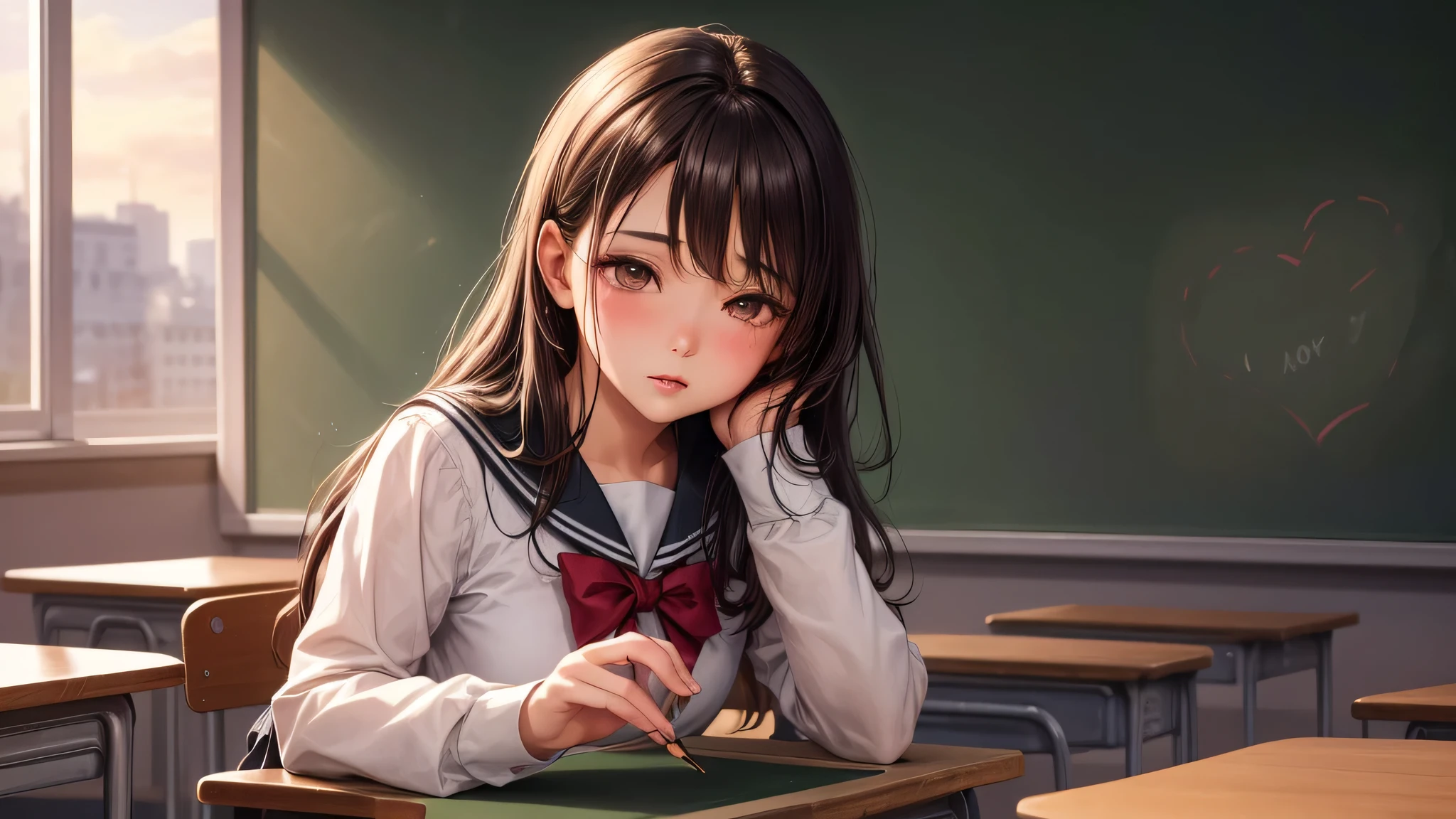 (1girl), brown eyes, (highly detailed eyes, highly detailed face), (hyper-realistic, hight resolution), (best Quality:1.4), (high school uniform, pleated mini skirt:1.2), model, Enchanting, Sublime, indoors, school, classroom, sunset, alone, (Heart shape written on blackboard with chalk:1.3), tears in her eyes, (doze off, close both eyes, streaming down her cheeks),