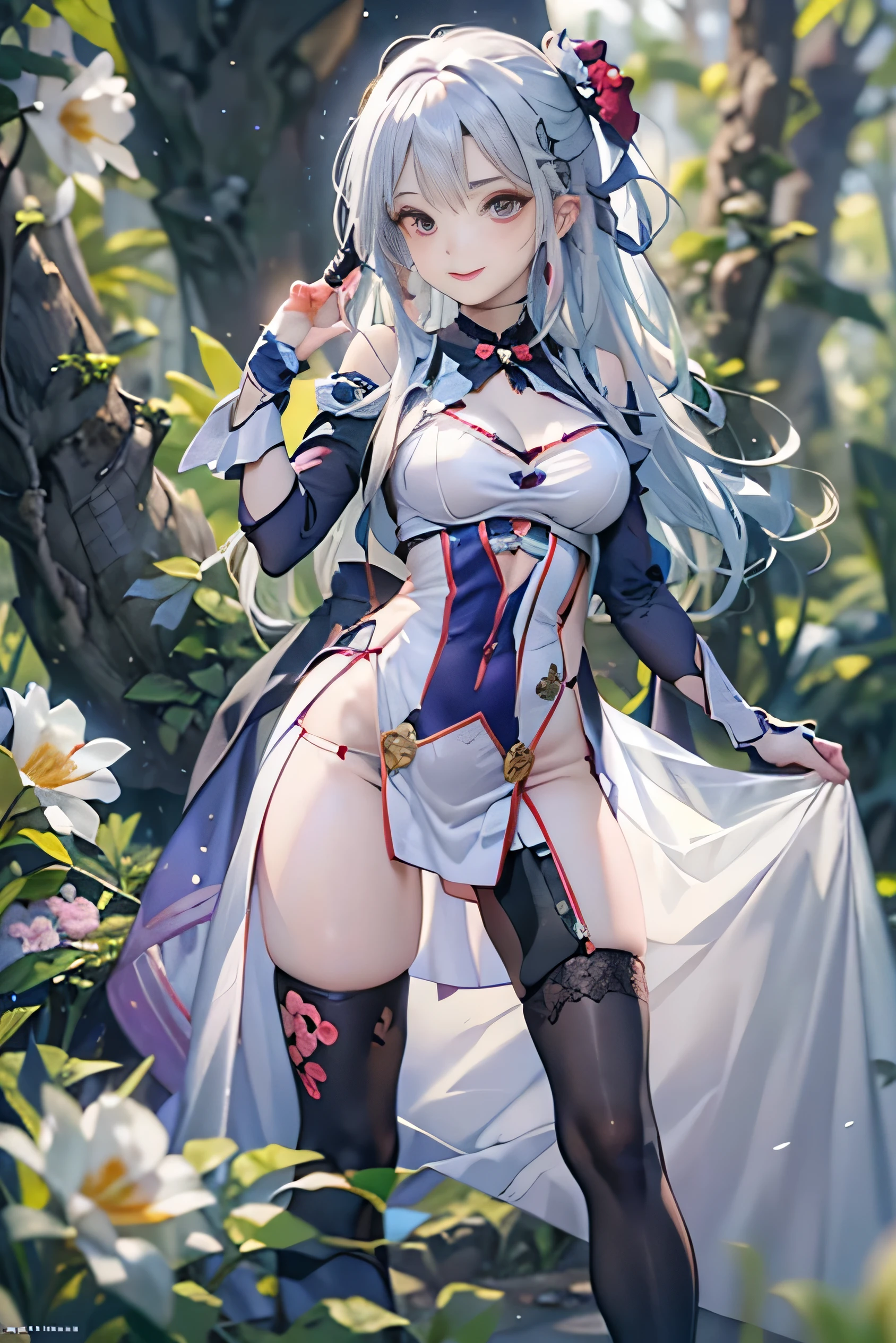 VL4D1L3N4, 1girl, uniform, long hair, military, solo, (realistic:0.5), masterpiece, solo, (best quality, perfect detailed, beautifully detailed face, detailed eyes), glistening shiny, ray tracing, DOF, HDR, gradient eyes, sharp eyelashes, ((eyelashes)), mascara, detail_face, eyelashes, shiny hair, flirting, seductive smile, parted lips, medium breasts, (cleavage:1.3), (soft particles floating:1.1), ((looking at viewer)), (playmate pose:1.1), (full body:1.1), ((8k wallpaper)), ((highres)), (standing:1.3) military uniform, thighhighs, garter straps, hat, purple eyes, military hat, looking at viewer, white thighhighs, breasts, outdoors, white hair, blue jacket, jacket, long sleeves, hair between eyes, (skirt:1.3), (forest_background:1.5), (blue flower:1.1), (cherry blossom:1.2), (petals:1.2), <lora:vladilena:1>