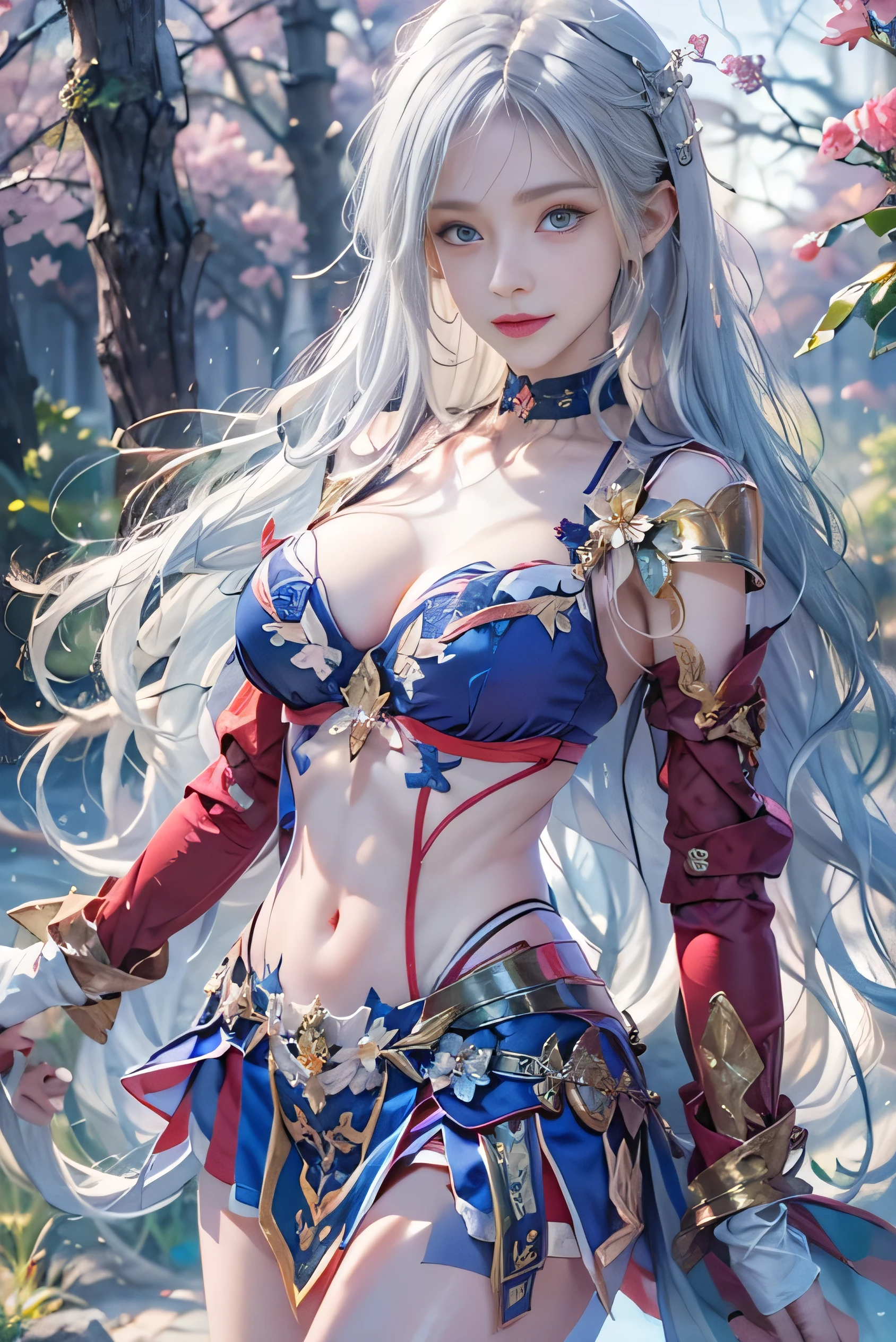 (photorealistic:1.8, highest quality:1.8,8K masterpiece:1.8,High resolution,muste piece:1.8,RAW Photos,cinematic lighting,red and purple dream colors),one goddess、(colorful armor dress、slit mini skirt、choker、knee high stockings、loafer shoes、Cleavage cut,attractive nipples),(detailed blue eyes:1.7,double eyelid:1.6,Shining beautiful skin), (looking at the camera:1.5),(whole body,Photo seen from below:1.5),( midium Hair:1.2,Beautiful shining blue and white hair:1.5), expression(Impish Smile:1.3,face turns red:1.3),(Moderate chest:1.3), Pause(stand with legs apart,Seductive pose:1.5), background(Bright forest with blooming flowers),Nipples are visible through the costume、(detailed perfect face),anatomically correct,correct move:1.5,correct foot:1.5,4 fingers and 1 thumb in correct proportions,(cameltoe),No split screen,slender abs:1.2,highly detailed skin:1.2,(Young sensual gravure idol)