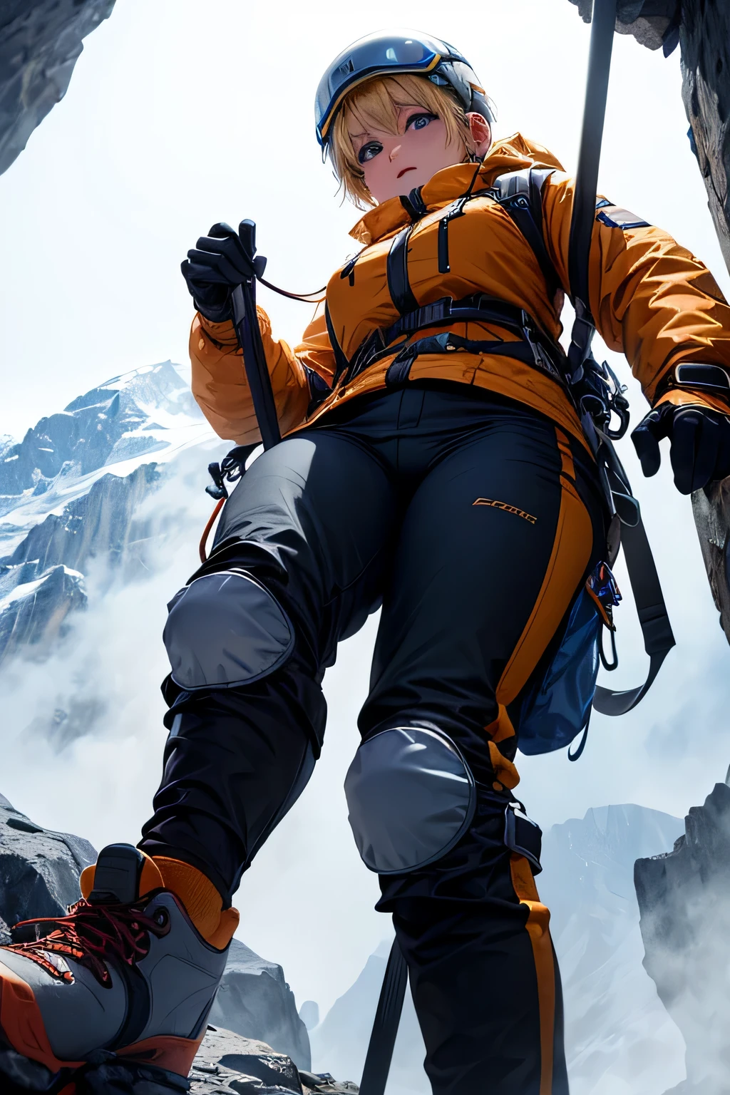 Climbing scene in mountainous area:As equipment for technical mountaineering、Waterproof jacket、Mountaineering pants、hiking boots、Helmet、Wear climbing gloves、Beautiful woman、short blonde hair、((whole body))、(((photo taken from below)))