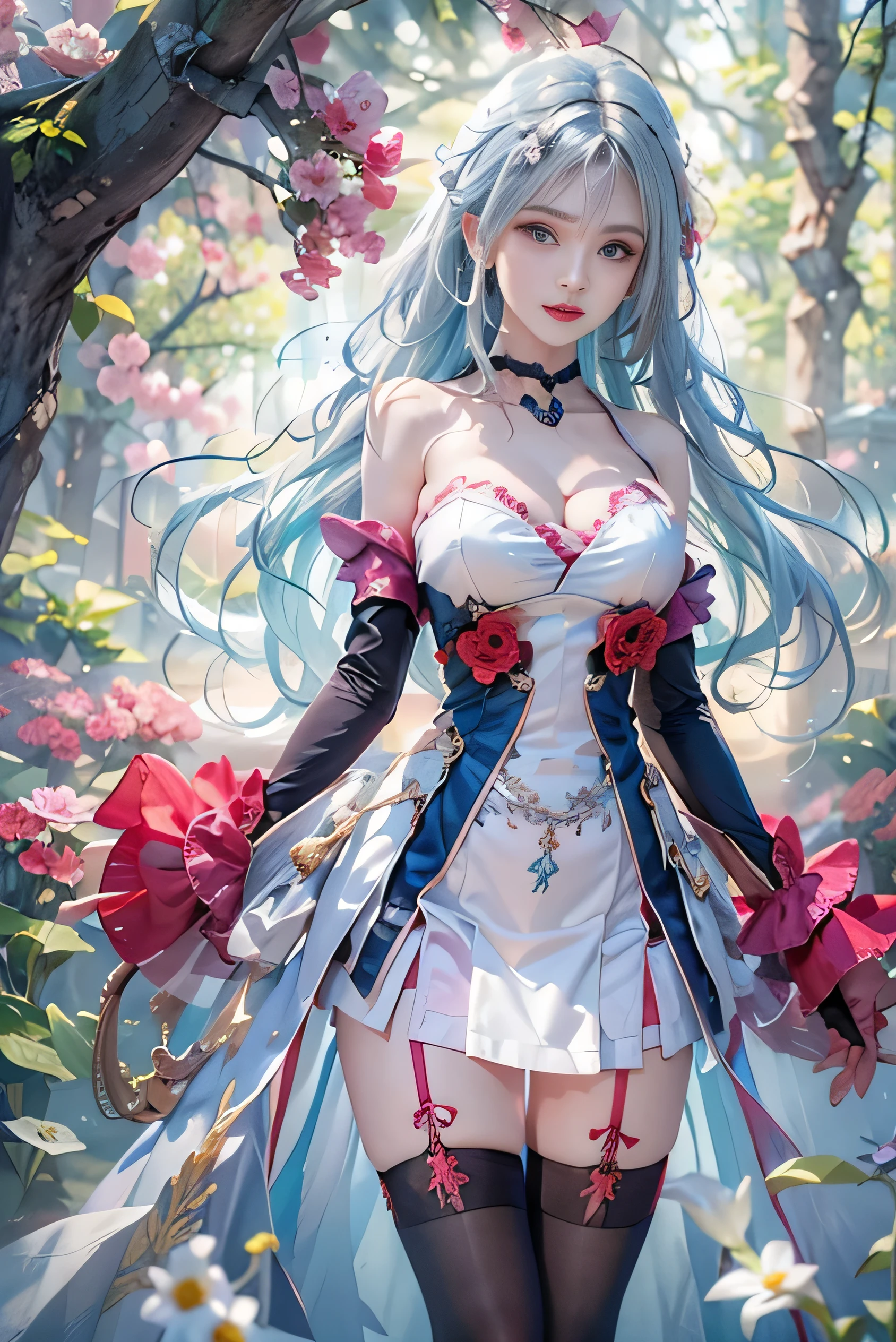 (photorealistic:1.8, highest quality:1.8,8K masterpiece:1.8,High resolution,muste piece:1.8,RAW Photos,cinematic lighting,red and purple dream colors),one goddess、(colorful armor dress、slit mini skirt、choker、knee high stockings、loafer shoes、Cleavage cut,attractive nipples),(detailed blue eyes:1.7,double eyelid:1.6,Shining beautiful skin), (looking at the camera:1.5),(whole body,Photo seen from below:1.5),( midium Hair:1.2,Beautiful shining blue and white hair:1.5), expression(Impish Smile:1.3,face turns red:1.3),(Moderate chest:1.3), Pause(stand with legs apart,Seductive pose:1.5), background(Bright forest with blooming flowers),Nipples are visible through the costume、(detailed perfect face),anatomically correct,correct move:1.5,correct foot:1.5,4 fingers and 1 thumb in correct proportions,(cameltoe),No split screen,slender abs:1.2,highly detailed skin:1.2,(Young sensual gravure idol)