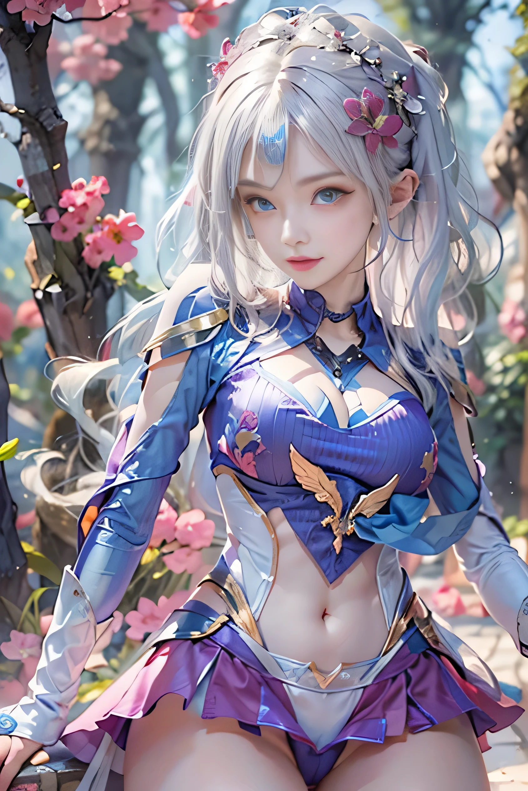 (photorealistic:1.8, highest quality:1.8,8K masterpiece:1.8,High resolution,muste piece:1.8,RAW Photos,cinematic lighting,red and purple dream colors),one goddess、(colorful armor leotard、choker、knee high stockings、loafer shoes、Cleavage cut,attractive nipples),(detailed blue eyes:1.7,double eyelid:1.6,Shining beautiful skin), (looking at the camera:1.5),(whole body,Photo seen from below:1.5),( midium Hair:1.2,Beautiful shining blue and white hair:1.5), expression(Impish Smile:1.3,face turns red:1.3),(Moderate chest:1.3), Pause(stand with legs apart,Seductive pose:1.5), background(Bright forest with blooming flowers),Nipples are visible through the costume、(detailed perfect face),anatomically correct,correct move:1.5,correct foot:1.5,4 fingers and 1 thumb in correct proportions,(cameltoe),No split screen,slender abs:1.2,highly detailed skin:1.2,(Young sensual gravure idol)