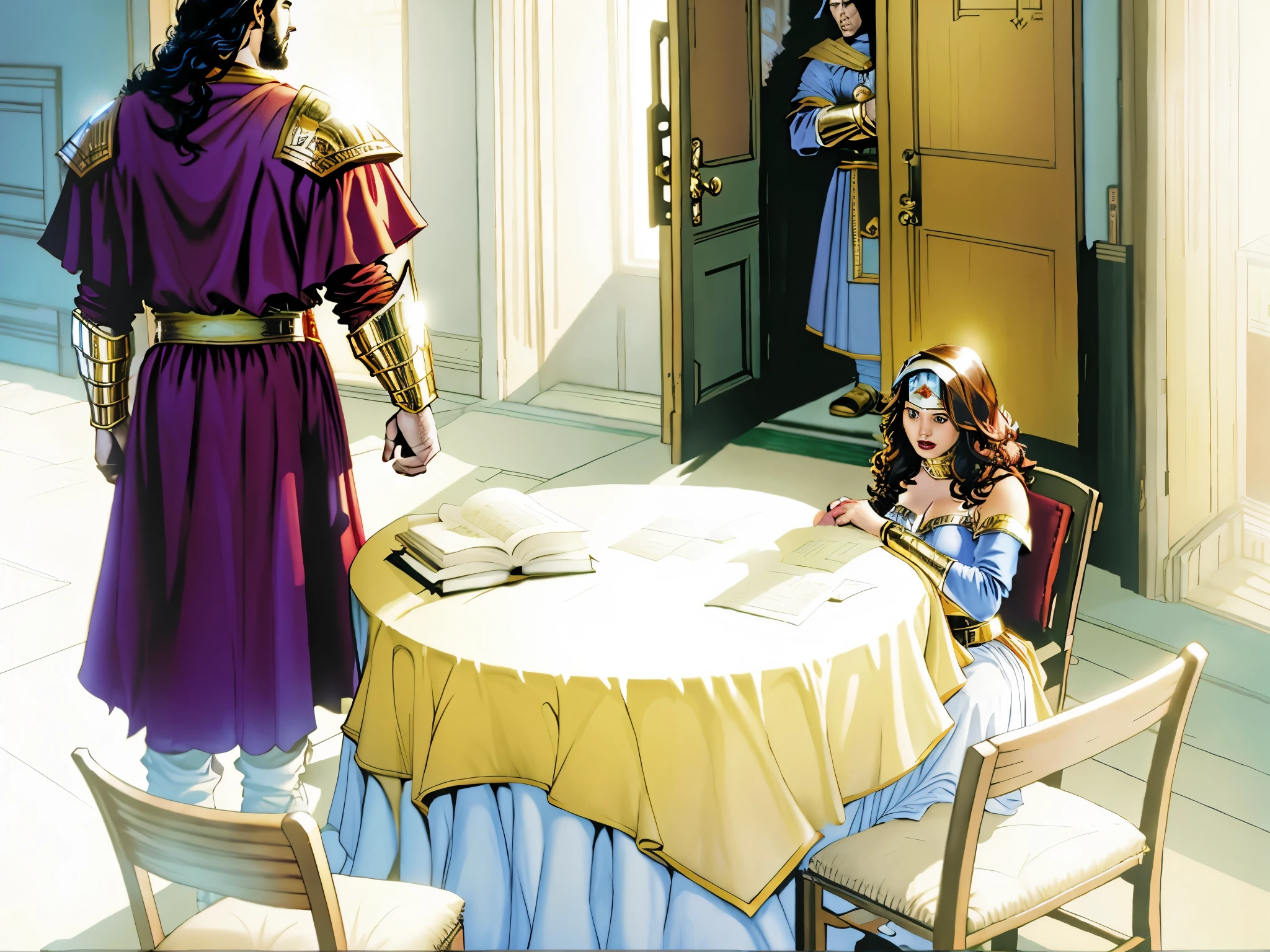 There&#39;s a king walking out a door. There's a woman sitting at a table. There's a man standing. Biblical setting. biblical style. biblical costumes. Marvel comic book style.