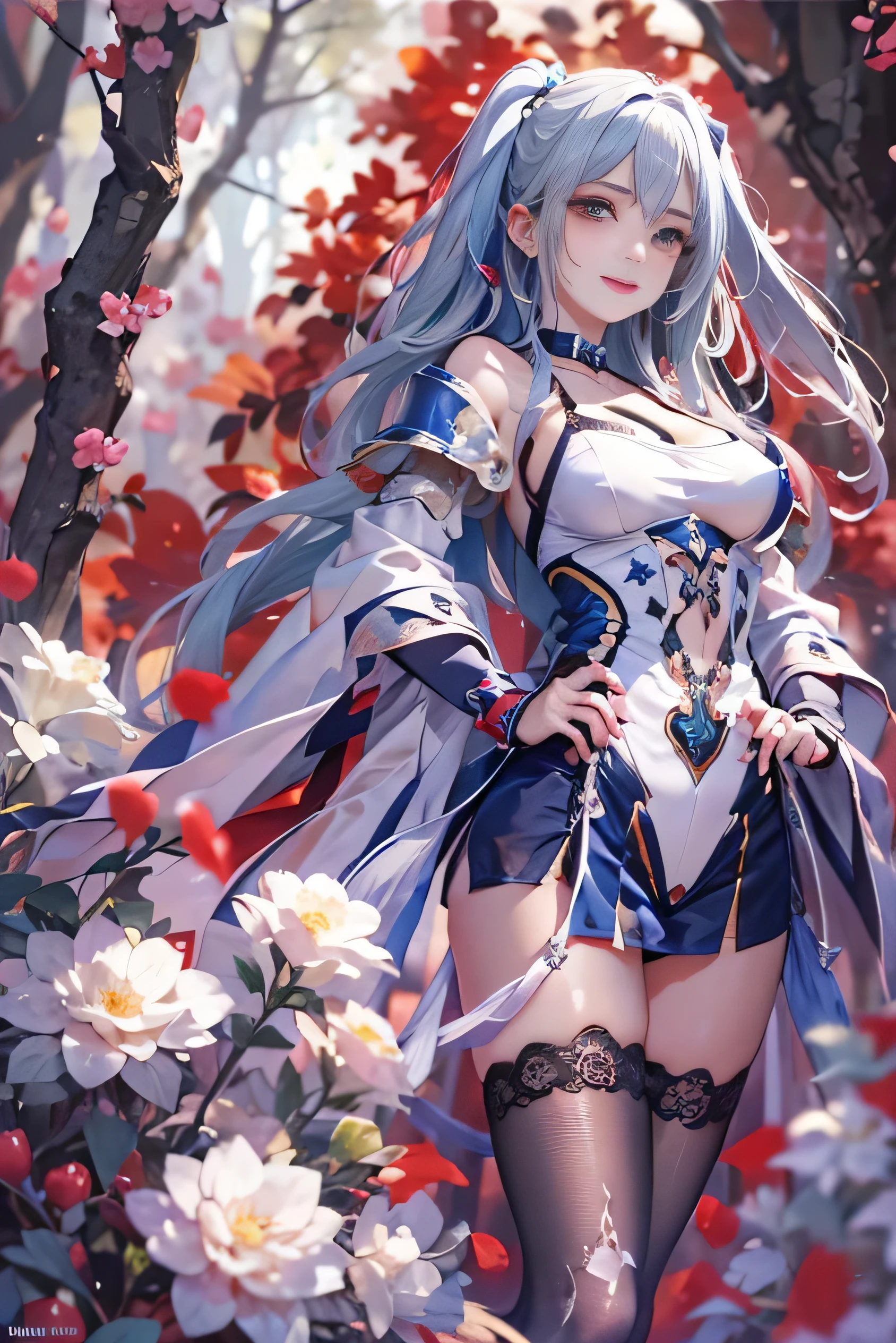 (photorealistic:1.8, highest quality:1.8,8K masterpiece:1.8,High resolution,muste piece:1.8,RAW Photos,cinematic lighting,red and purple dream colors),one goddess、(colorful armor leotard、choker、knee high stockings、loafer shoes、Cleavage cut,attractive nipples),(detailed blue eyes:1.7,double eyelid:1.6,Shining beautiful skin), (looking at the camera:1.5),(whole body,Photo seen from below:1.5),( midium Hair:1.2,Beautiful shining blue and white hair:1.5), expression(Impish Smile:1.3,face turns red:1.3),(Moderate chest:1.3), Pause(stand with legs apart,Seductive pose:1.5), background(Bright forest with blooming flowers),Nipples are visible through the costume、(detailed perfect face),anatomically correct,correct move:1.5,correct foot:1.5,4 fingers and 1 thumb in correct proportions,(cameltoe),No split screen,slender abs:1.2,highly detailed skin:1.2,(Young sensual gravure idol)