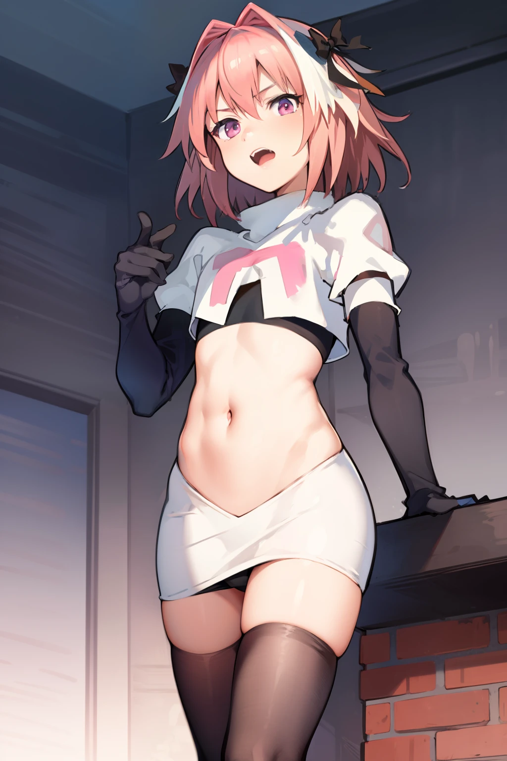 absurdres, masterpiece, best quality, (astolfo fate:1.2155), 1boy, male focus, trap, pink multicolored hair, pink hair, white hair, hair intakes, long hair, pink detailed eyes, crossdressing,1boy, team rocket,team rocket uniform, red letter R, white skirt,white crop top,black thigh-highs,black elbow gloves