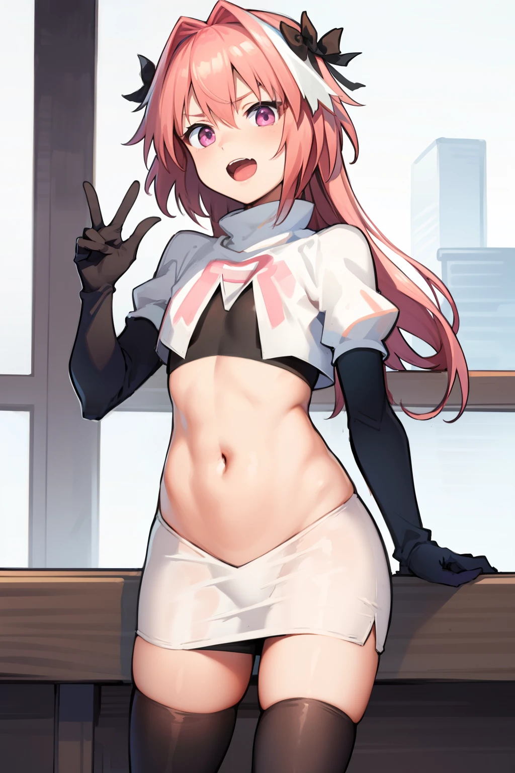 absurdres, masterpiece, best quality, (astolfo fate:1.2155), 1boy, male focus, trap, pink multicolored hair, pink hair, white hair, hair intakes, long hair, pink detailed eyes, crossdressing,1boy, team rocket,team rocket uniform, red letter R, white skirt,white crop top,black thigh-highs,black elbow gloves