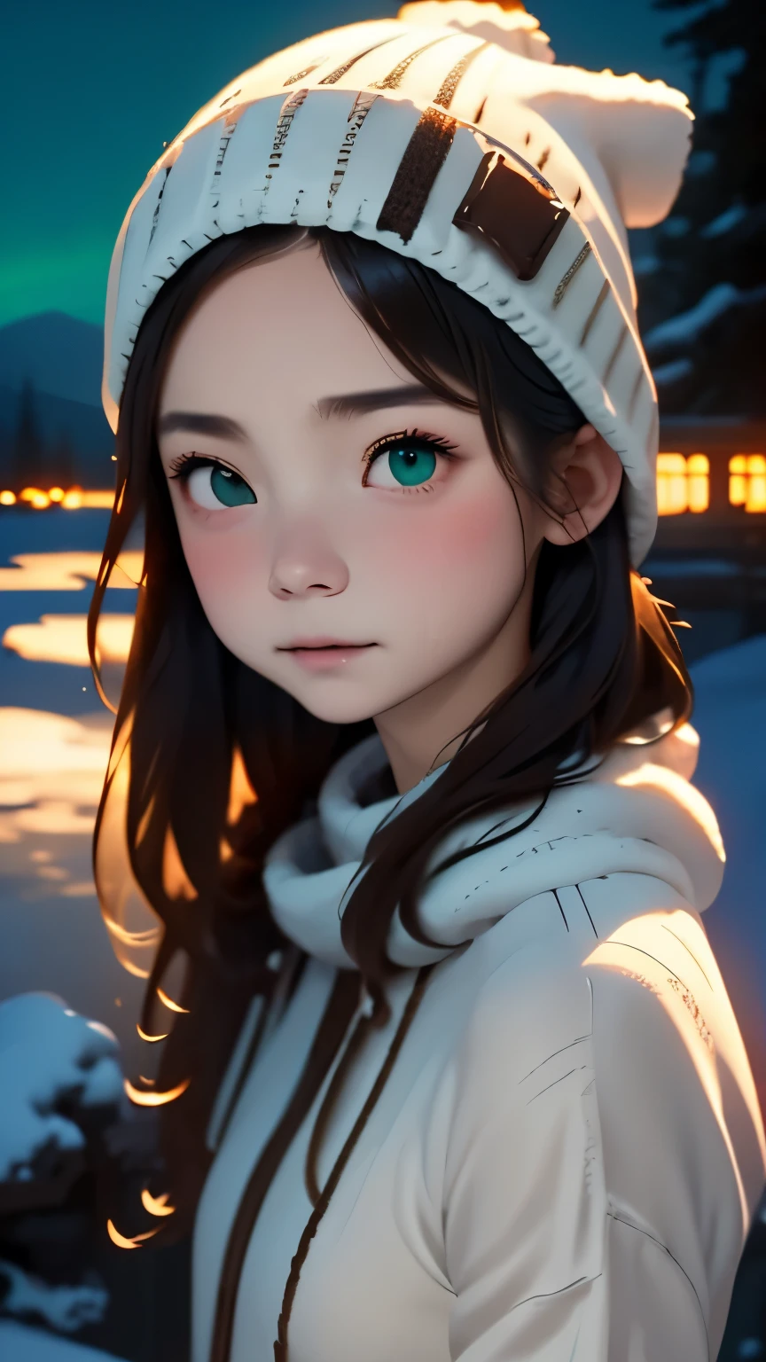 master piece:1.5、RAW photo、near the sky, (((selfie))),(((漆黒の闇に浮かぶauroraを背景にselfie)))、 landscape,aurora, 16talent、16talentの女の子1名, alone、fluffy fur、warm pants、Warm gloves、knit hat、neck warmer、漆黒の闇に浮かぶfantasyなaurora、(((night time)))、Coniferous forest、super cute girl、quiet space、dignified atmosphere、in the deep forest、snow mountain、There is snowfall、countless stars々、fantasy、insane precision、 silhouette,Finished like a professional photographer、perfect photo、 snow mountain,highest quality,High quality details,8K