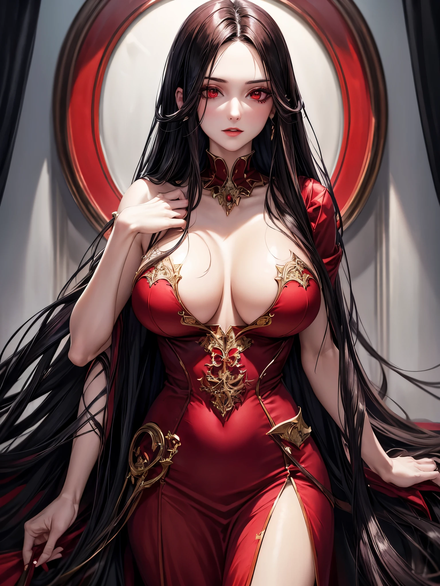 beautiful vampire goddess, brunette very long hair, red eyes, wearing a sexy red and black dress, ultrasharp, looking at the viewer, ((best quality)), ((masterpiece)), (detailed), perfect face, big breast, sexy body, (masterpiece), (best quality), (ultra detailed),(disheveled hair),(illustration), looking at viewer, detailed eyes, best lighting, best shadow, add detail,