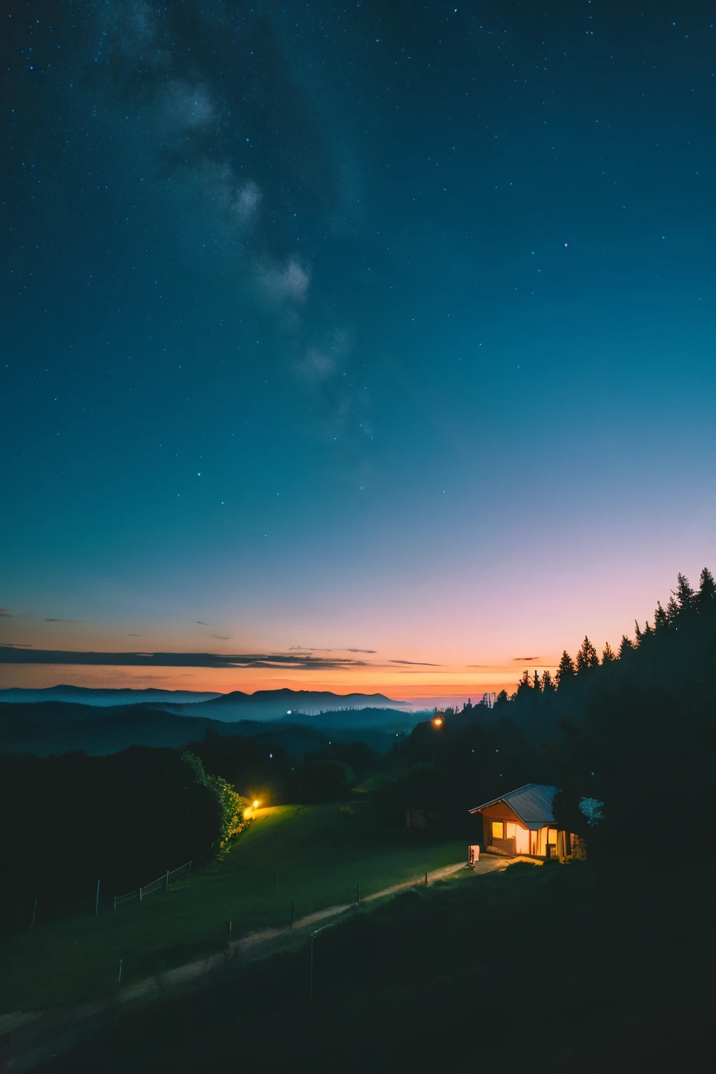 Ghibli style countryside night sky