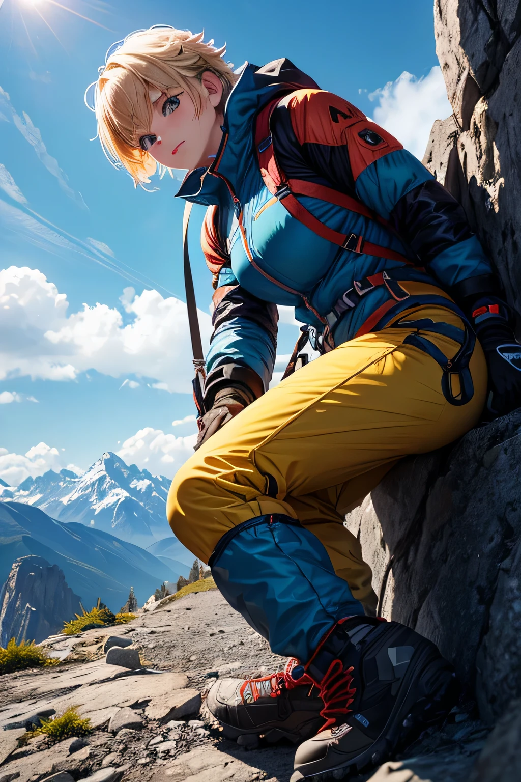 Climbing scene in mountainous area:As equipment for technical mountaineering、Waterproof jacket、Mountaineering pants、hiking boots、Helmet、Wear climbing gloves、Beautiful woman、short blonde hair、((whole body))、(((photo taken from below)))