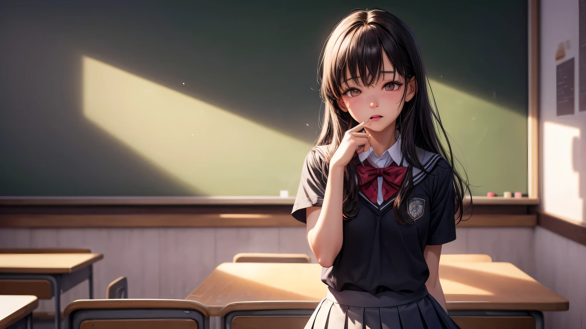 (1girl), brown eyes, (highly detailed eyes, highly detailed face), (hyper-realistic, hight resolution), (best Quality:1.4), (high school uniform, pleated mini skirt:1.2), model, Enchanting, Sublime, indoors, school, classroom, sunset, alone, (Heart shape written on blackboard with chalk:1.3), tears in her eyes, (doze off, close both eyes, streaming down her cheeks),