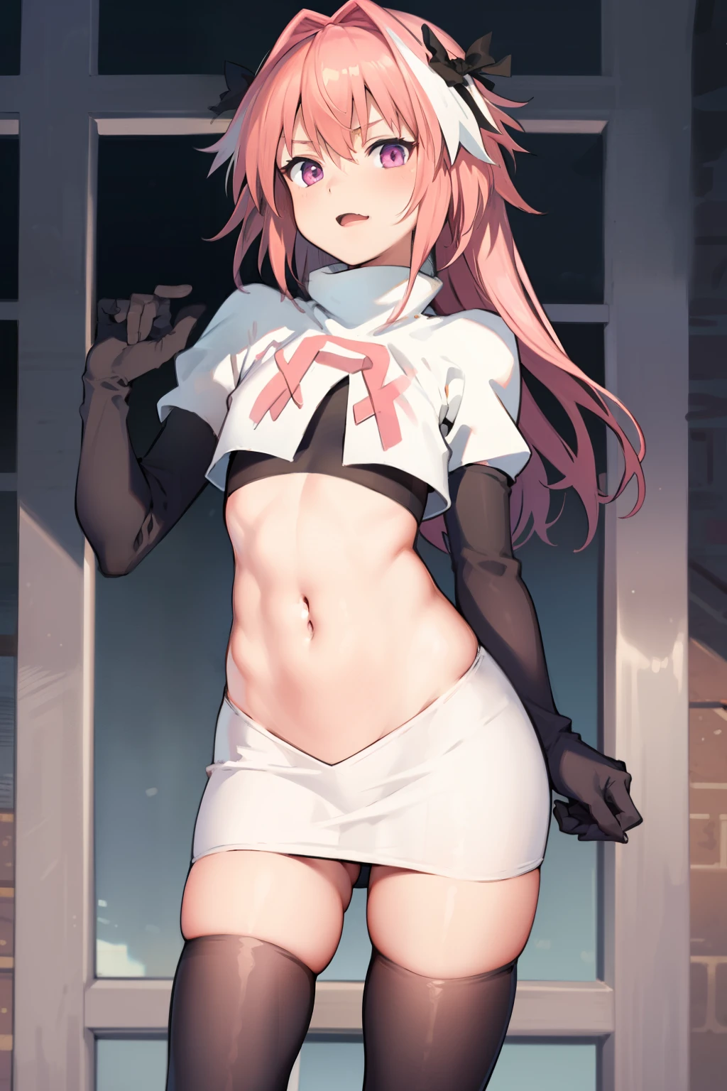 absurdres, masterpiece, best quality, (astolfo fate:1.2155), 1boy, male focus, trap, pink multicolored hair, pink hair, white hair, hair intakes, long hair, pink detailed eyes, crossdressing,1boy, team rocket,team rocket uniform, red letter R, white skirt,white crop top,black thigh-highs,black elbow gloves