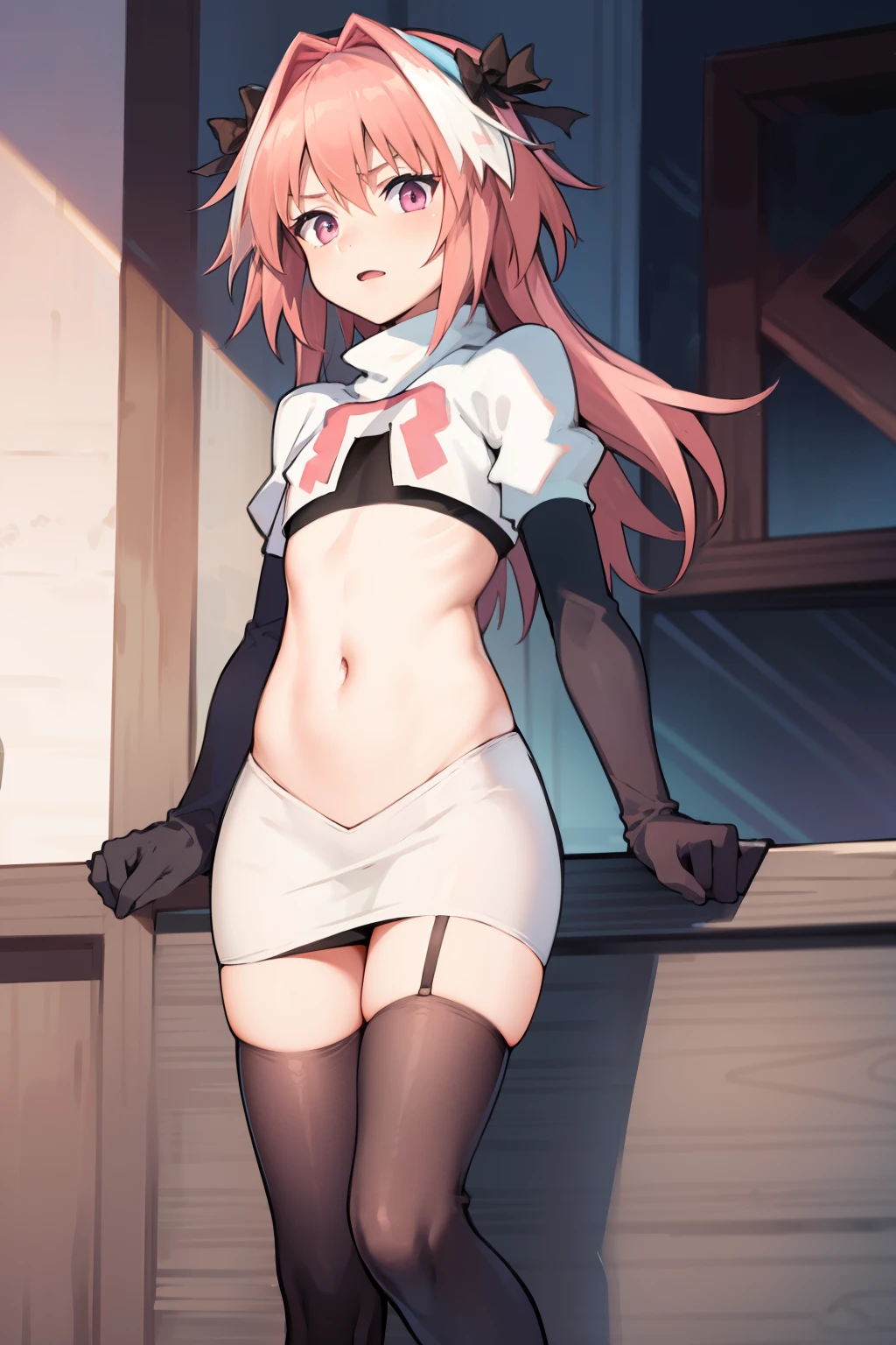absurdres, masterpiece, best quality, (astolfo fate:1.2155), 1boy, male focus, trap, pink multicolored hair, pink hair, white hair, hair intakes, long hair, pink detailed eyes, crossdressing,1boy, team rocket,team rocket uniform, red letter R, white skirt,white crop top,black thigh-highs,black elbow gloves