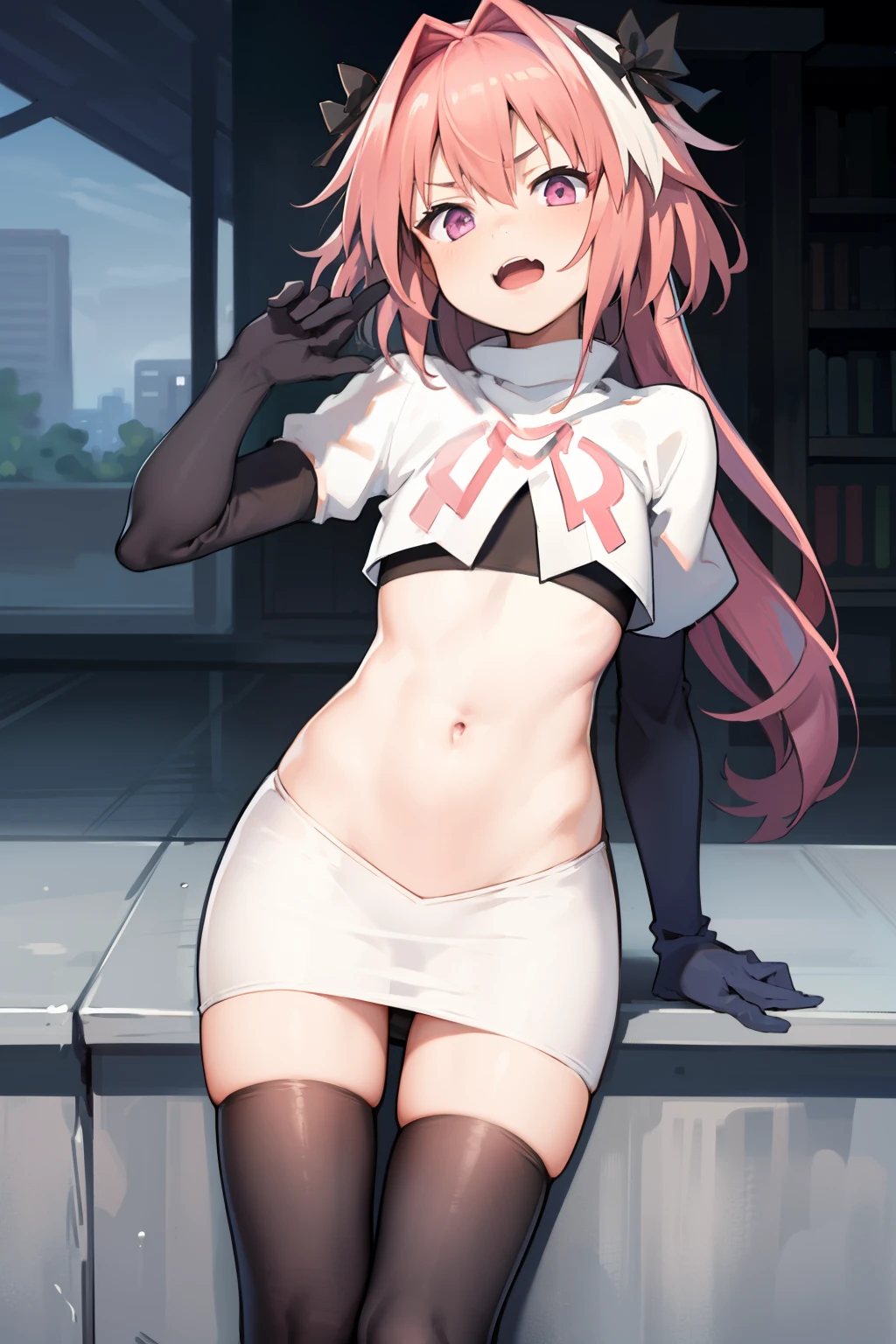 absurdres, masterpiece, best quality, (astolfo fate:1.2155), 1boy, male focus, trap, pink multicolored hair, pink hair, white hair, hair intakes, long hair, pink detailed eyes, crossdressing,1boy, team rocket,team rocket uniform, red letter R, white skirt,white crop top,black thigh-highs,black elbow gloves