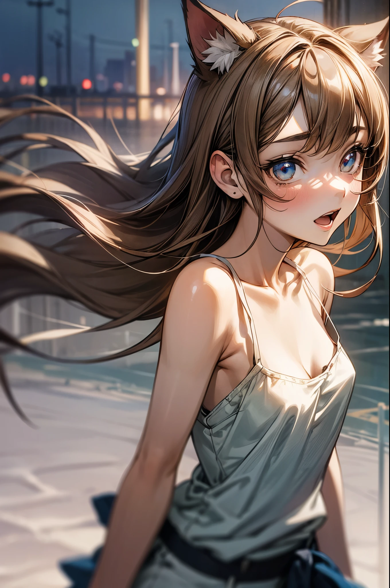 ((Masterpiece)), (Anime:1.5), ((best quality)), (RAW photo:1.2), (High Definition:1.3), (Professional Photography:1.2), (glowing light), profile, 1girl, ((12 years old)), Cute Beautiful girl, from above, cinematic lighting, (cute eyes), (open mouth), Textured skin, cat ears, pale brown hair, very messy hair, teenage girl, (walking on the tip of beautiful pier), (exposed small breast), (badly tattered and torn camisole), dirty oversized white camisole, Slender small breasts, BREAK, (RAW photo:1.2), (High Definition:1.3), (walking on the tip of beautiful pier), slum townscape,