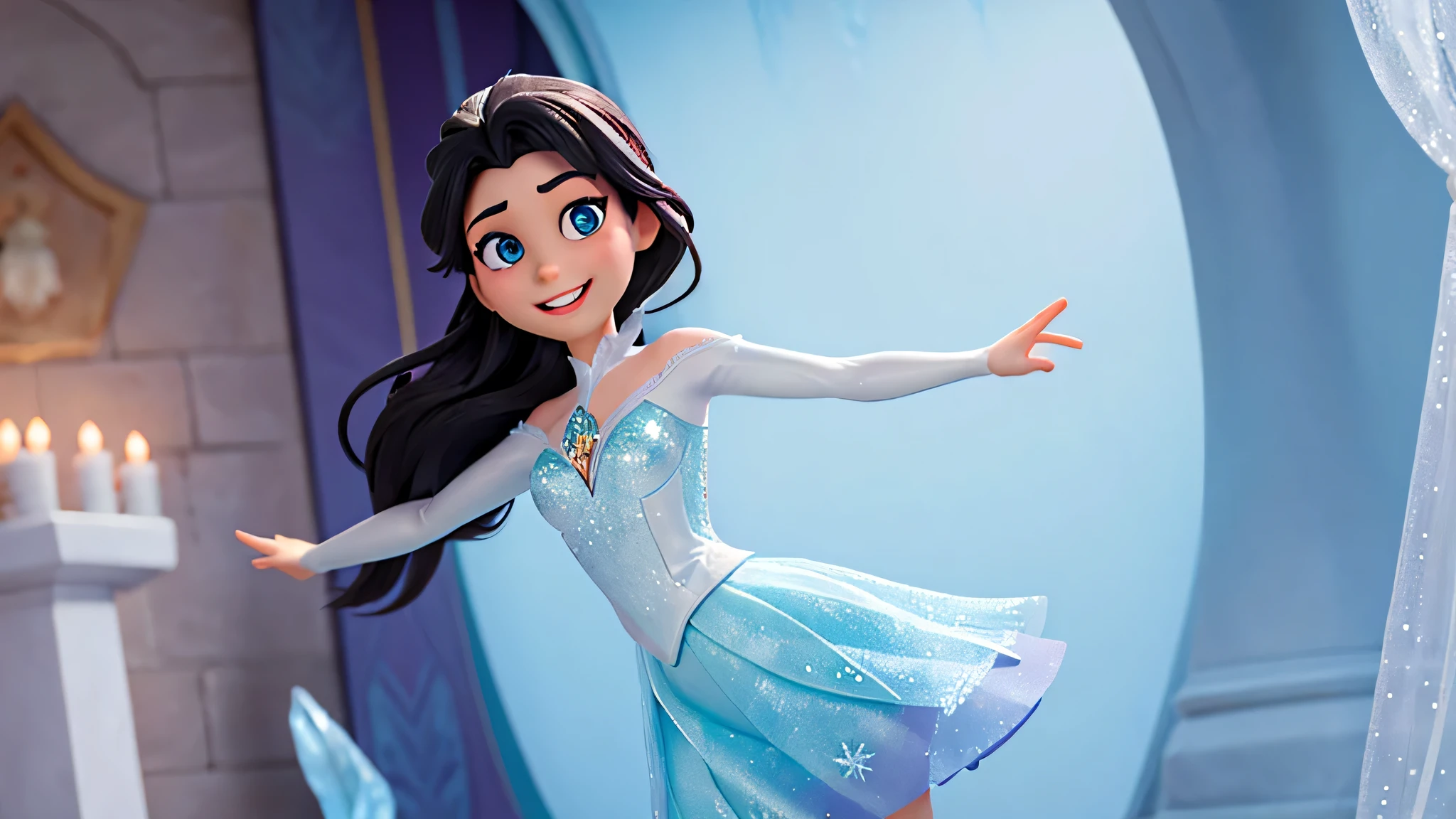 Crie um fundo roxo bem bonito com estelas meio desfocado, on the front there will be a character with beautiful black hair down like Elsa from Frozen, quero que a personagem seja estilo elsa de Frozen corpo e olhos, a cor de seus olhos marrom, I want her with open arms wanting to hug the reader and smiling with a soft and beautiful smile, Estilo Elsa de Frozen.