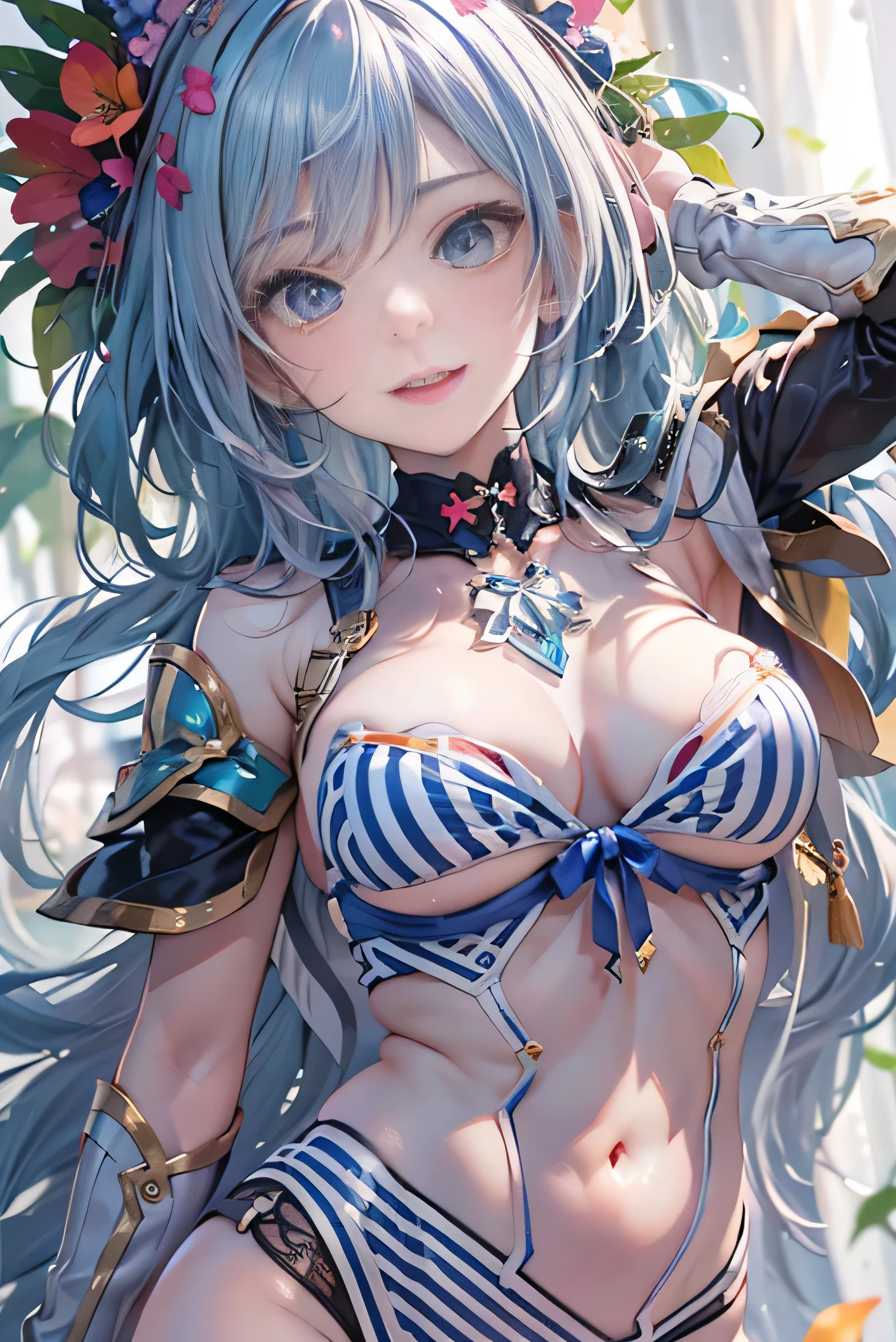 (photorealistic:1.8, highest quality:1.8,8K masterpiece:1.8,High resolution,muste piece:1.8,RAW Photos,cinematic lighting,red and purple dream colors),one goddess、(colorful armor leotard、choker、knee high stockings、loafer shoes、Cleavage cut,attractive nipples),(detailed blue eyes:1.7,double eyelid:1.6,Shining beautiful skin), (looking at the camera:1.5),(whole body,Photo seen from below:1.5),( midium Hair:1.2,Beautiful shining blue and white hair:1.5), expression(Impish Smile:1.3,face turns red:1.3),(Moderate chest:1.3), Pause(stand with legs apart,Seductive pose:1.5), background(Bright forest with blooming flowers),Nipples are visible through the costume、(detailed perfect face),anatomically correct,correct move:1.5,correct foot:1.5,4 fingers and 1 thumb in correct proportions,(cameltoe),No split screen,slender abs:1.2,highly detailed skin:1.2,(Young sensual gravure idol)