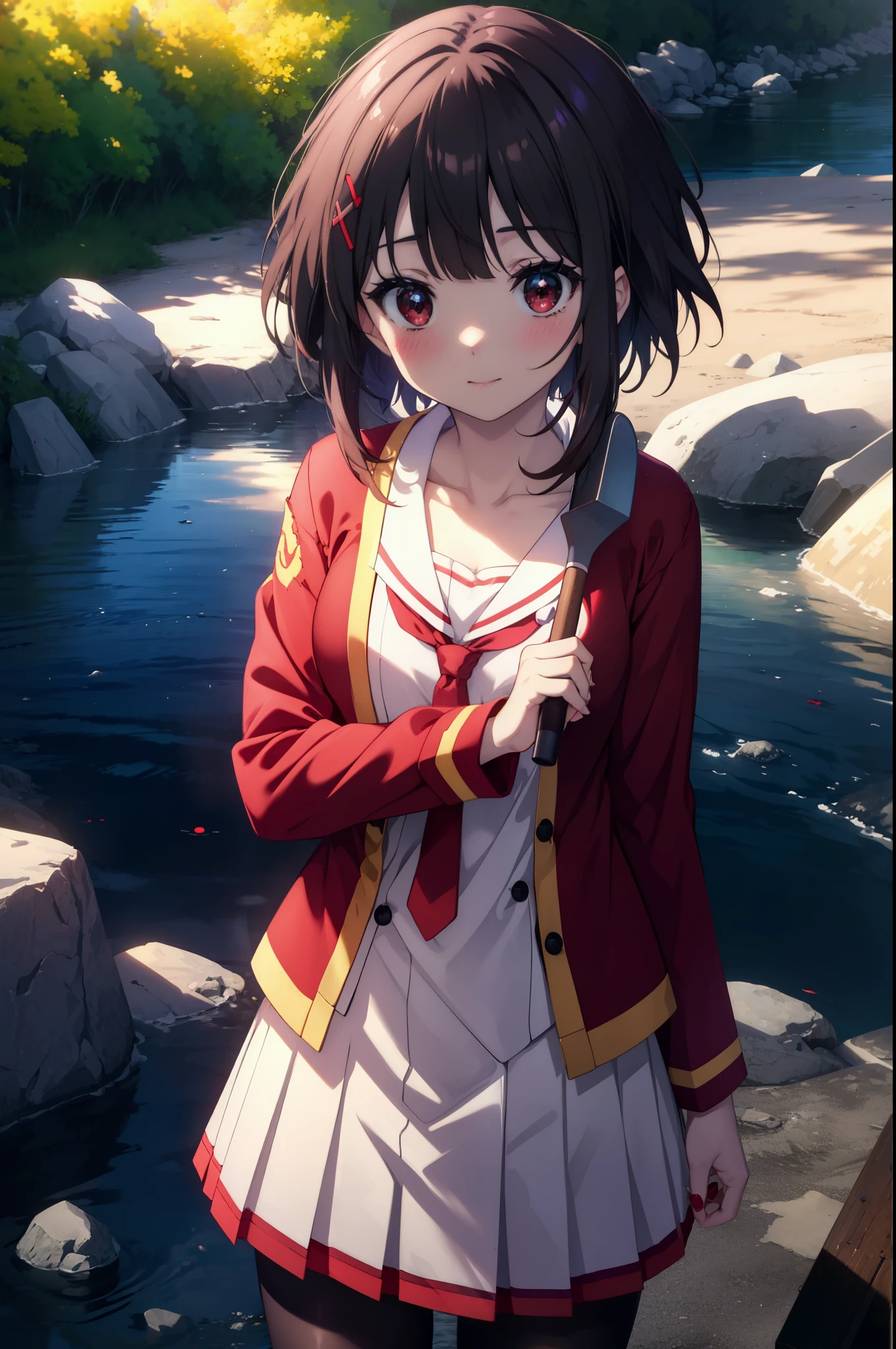 konosubaMegumin, Megumin, short hair, black hair, (red eyes:1.3), short hair with long locks,white sailor,red cardigan,black pleated skirt,gray pantyhose,brown loafers,smile,blush,I have a magic wand in my hand,
break outdoor, forest, nature, wood, village, null, sun, cloud,
break looking at viewer, (cowboy shot:1.5),
break (masterpiece:1.2), highest quality, High resolution, unity 8k wallpaper, (shape:0.8), (fine and beautiful eyes:1.6), highly detailed face, perfect lighting, Very detailed CG, (perfect hands, perfect anatomy),