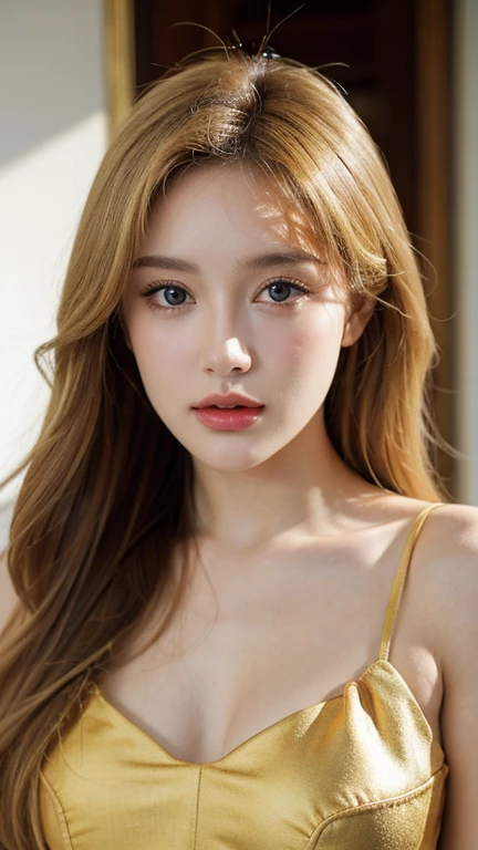"A stunning girl, with golden blonde hair and captivating eyes, poses in a solo portrait, bare-shouldered and gazing at the viewer. The photograph, a masterpiece in high definition, highlights every facial feature and curve with unparalleled detail. She exudes elegance and beauty, making it a high-quality, captivating image."