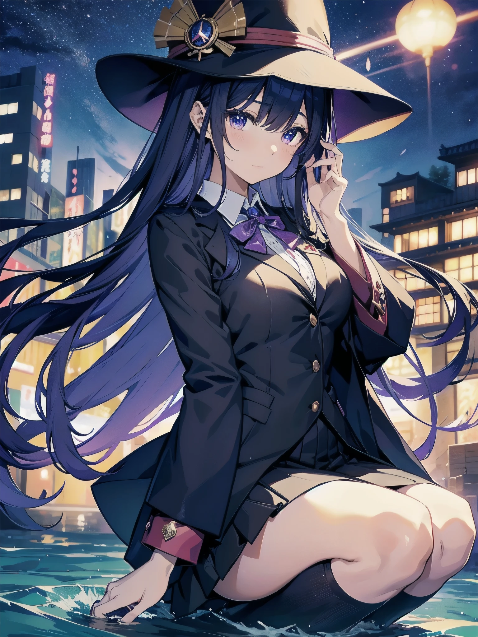 magician girl、She wears a large witch's hat with sapphire accessories、I am wearing a Japanese high school blazer uniform.、Japan anime-style illustration、Drawn by a Japanese illustrator、Bank of the river in Tokyo late at night