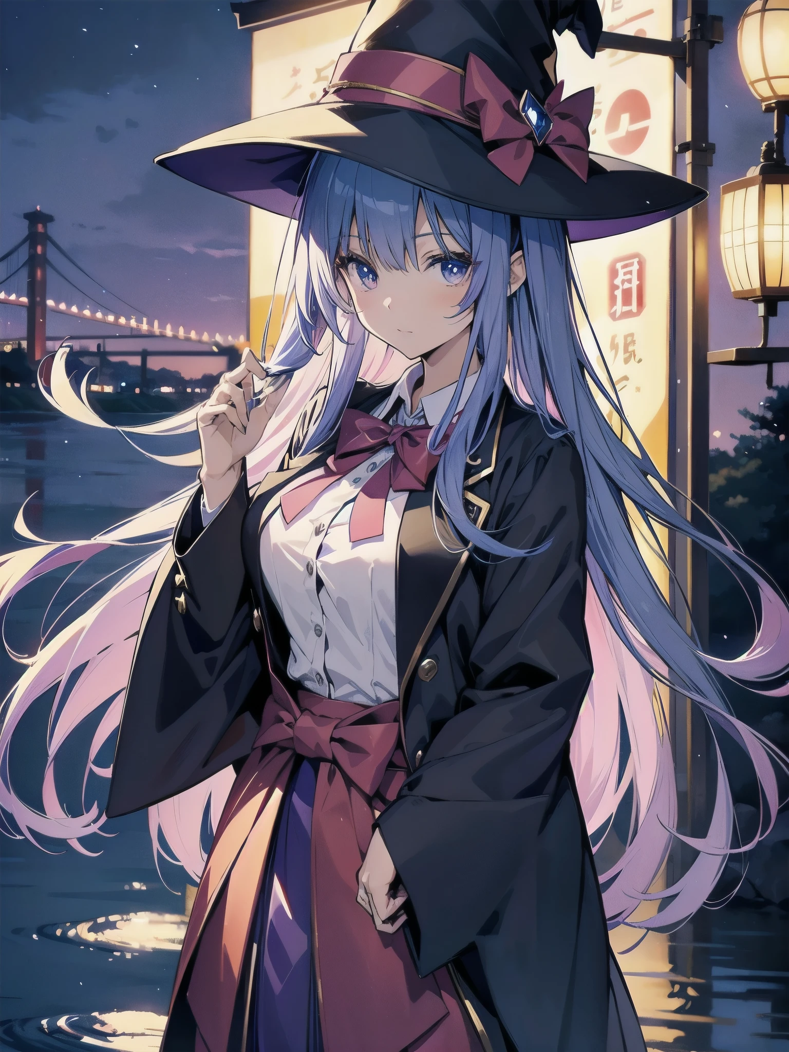 magician girl、She wears a large witch's hat with sapphire accessories、I am wearing a Japanese high school blazer uniform.、Japan anime-style illustration、Drawn by a Japanese illustrator、Bank of the river in Tokyo late at night