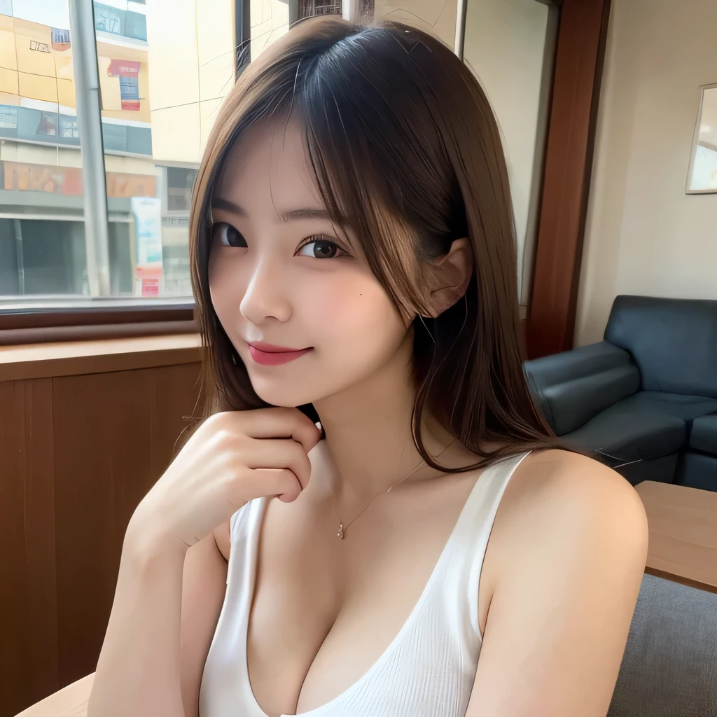 table top, highest quality, shape, Super detailed, finely, High resolution, 8k wallpaper, Perfect dynamic composition shape, beautiful and detailed eyes, straight hair, natural color lip, emphasize cleavage, smile, Shibuya Ward, 20 year old girl, cute, sexy shot looking at camera, narrow side, slender body, RAW photo, living room, self snap, small breasts