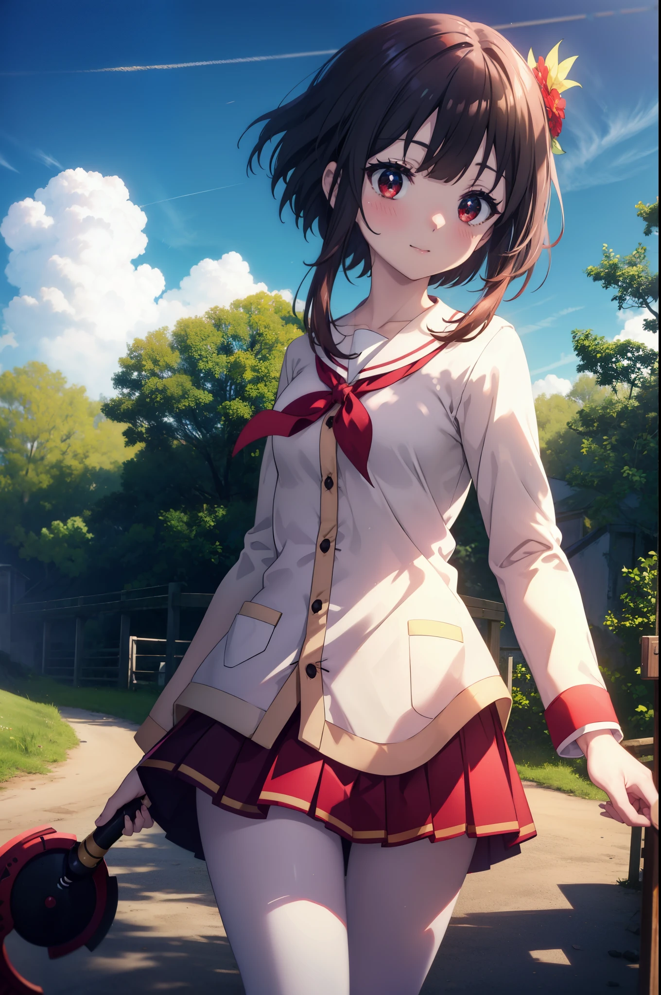 konosubaMegumin, Megumin, short hair, black hair, (red eyes:1.3), short hair with long locks,white sailor,red cardigan,black pleated skirt,gray pantyhose,brown loafers,smile,blush,He has a long magic wand in his hand.,
break outdoor, forest, nature, wood, village, null, sun, cloud,
break looking at viewer, (cowboy shot:1.5),
break (masterpiece:1.2), highest quality, High resolution, unity 8k wallpaper, (shape:0.8), (fine and beautiful eyes:1.6), highly detailed face, perfect lighting, Very detailed CG, (perfect hands, perfect anatomy),