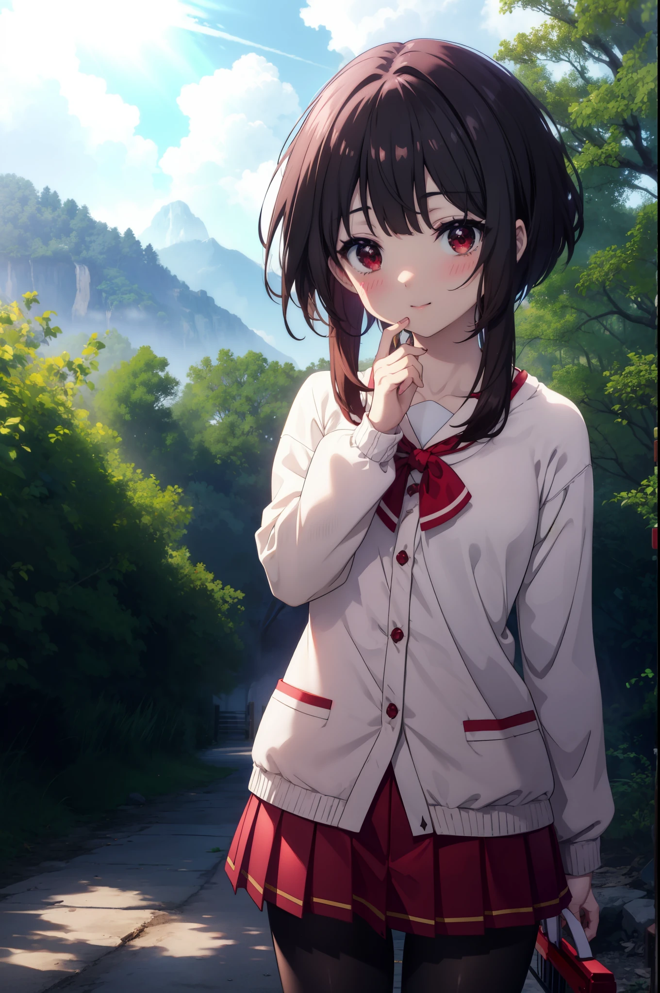 konosubaMegumin, Megumin, short hair, black hair, (red eyes:1.3), short hair with long locks,white sailor,red cardigan,black pleated skirt,gray pantyhose,brown loafers,smile,blush,He has a long magic wand in his hand.,
break outdoor, forest, nature, wood, village, null, sun, cloud,
break looking at viewer, (cowboy shot:1.5),
break (masterpiece:1.2), highest quality, High resolution, unity 8k wallpaper, (shape:0.8), (fine and beautiful eyes:1.6), highly detailed face, perfect lighting, Very detailed CG, (perfect hands, perfect anatomy),