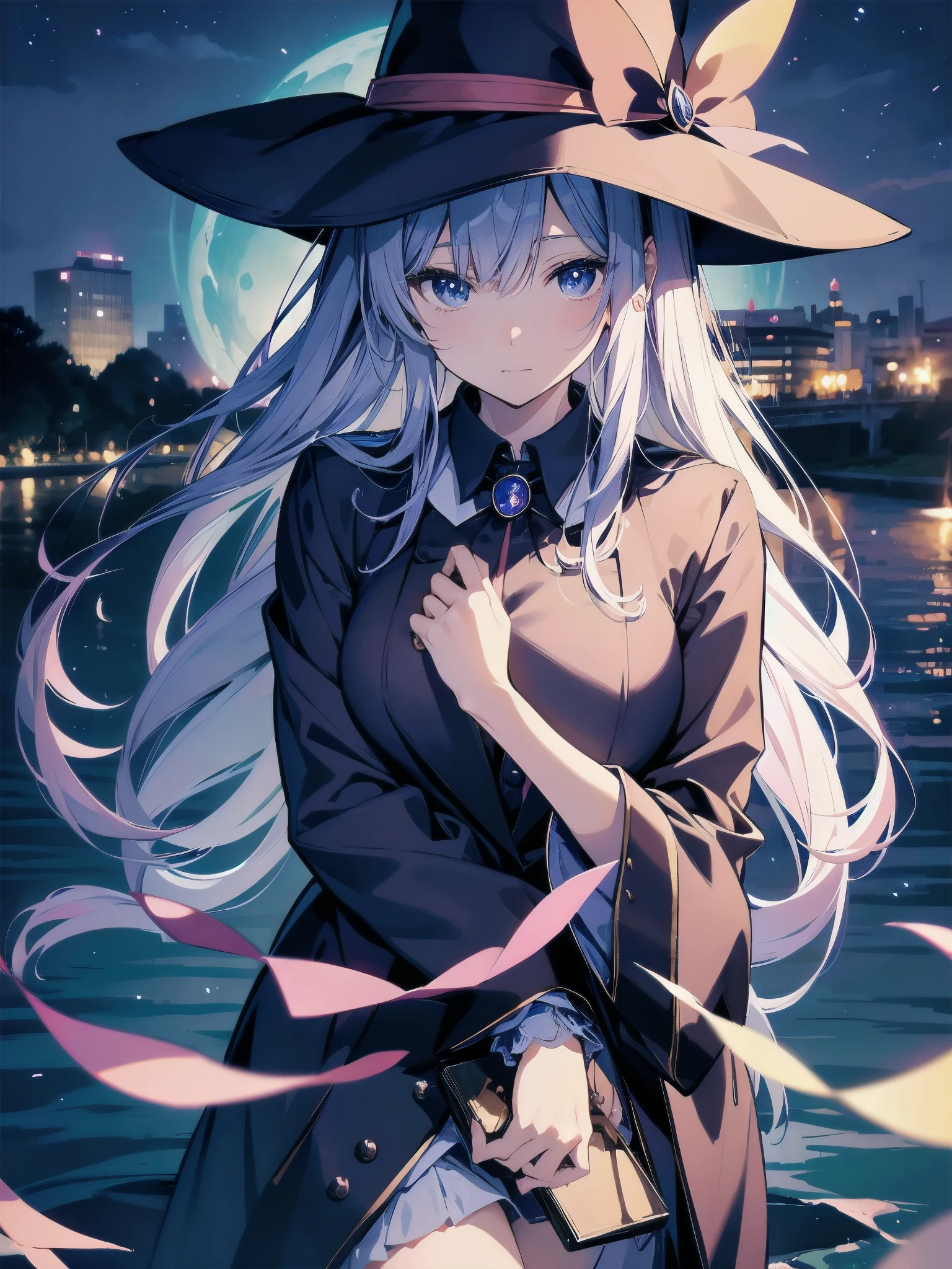 magician girl、She wears a large witch&#39;s hat with sapphire accessories、I am wearing a Japanese high school blazer uniform.、Japan anime-style illustration、Drawn by a Japanese illustrator、Bank of the river in Tokyo late at night