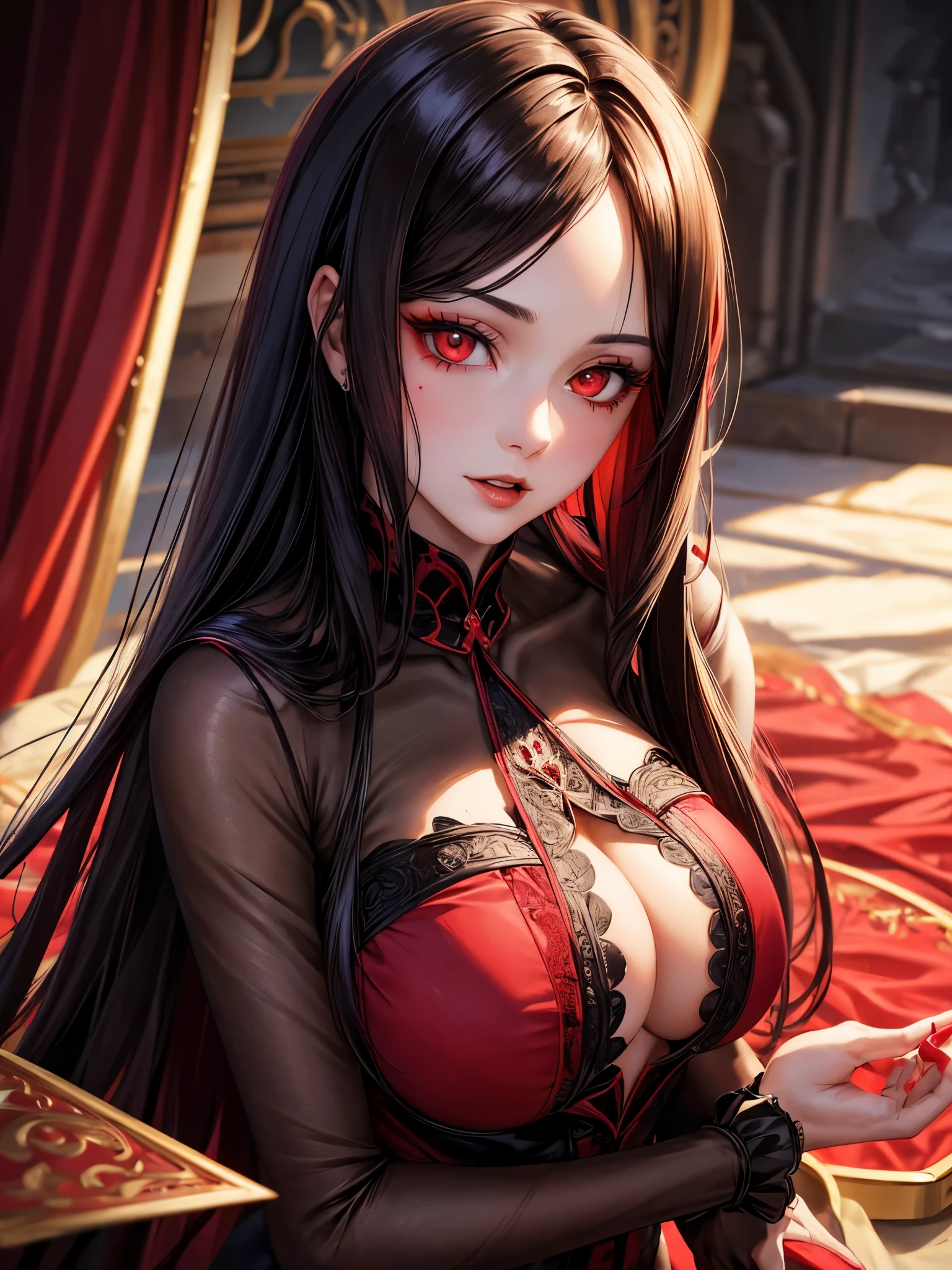 beautiful vampire goddess, brunette very long hair, red eyes, wearing a sexy red and black dress, ultrasharp, looking at the viewer, ((best quality)), ((masterpiece)), (detailed), perfect face, big breast, sexy body, (masterpiece), (best quality), (ultra detailed),(disheveled hair),(illustration), looking at viewer, detailed eyes, best lighting, best shadow, add detail,