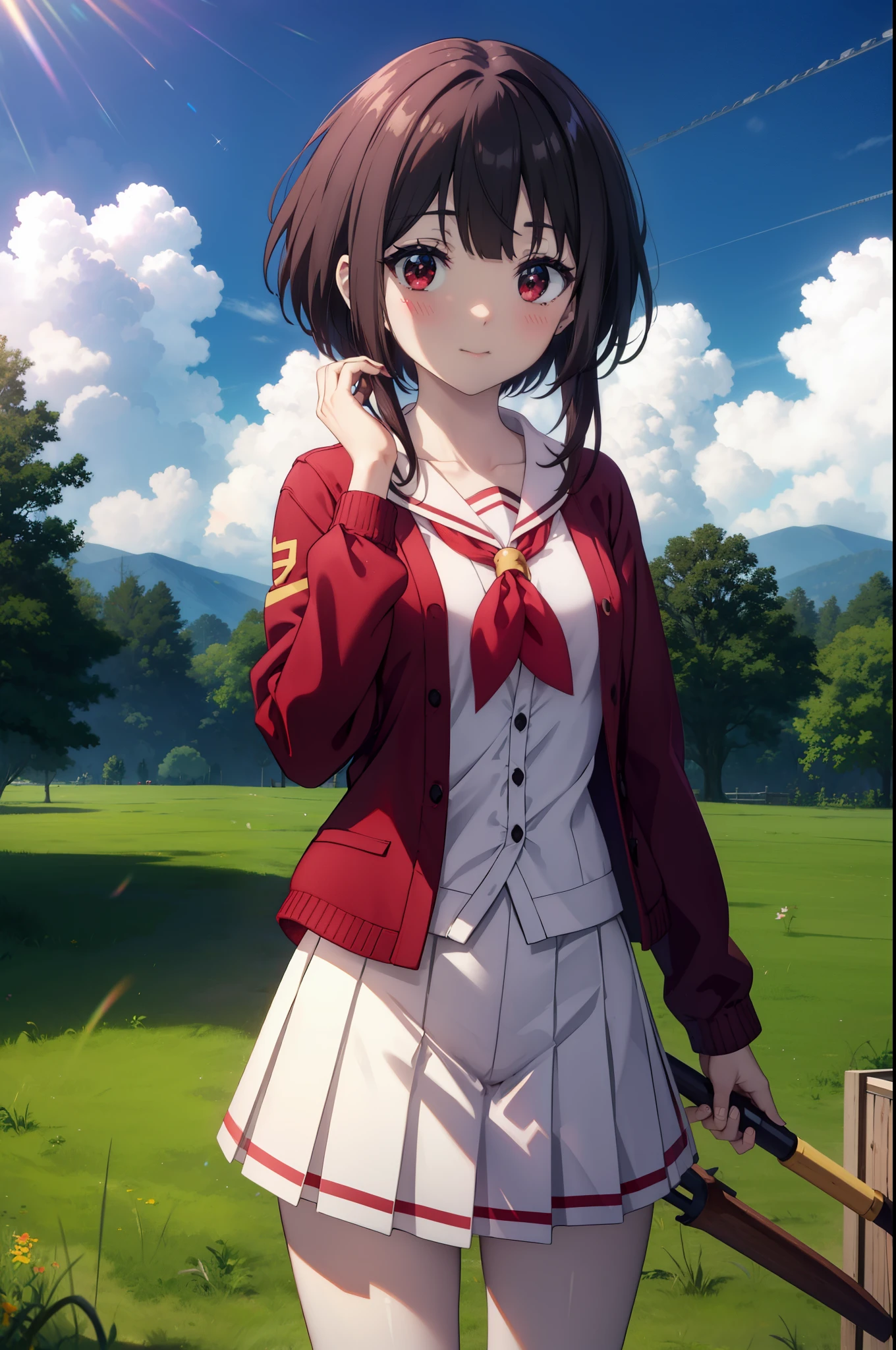 konosubaMegumin, Megumin, short hair, black hair, (red eyes:1.3), short hair with long locks,white sailor,red cardigan,black pleated skirt,gray pantyhose,brown loafers,smile,blush,He has a long magic wand in his hand.,
break outdoor, forest, nature, wood, village, null, sun, cloud,
break looking at viewer, (cowboy shot:1.5),
break (masterpiece:1.2), highest quality, High resolution, unity 8k wallpaper, (shape:0.8), (fine and beautiful eyes:1.6), highly detailed face, perfect lighting, Very detailed CG, (perfect hands, perfect ???????),