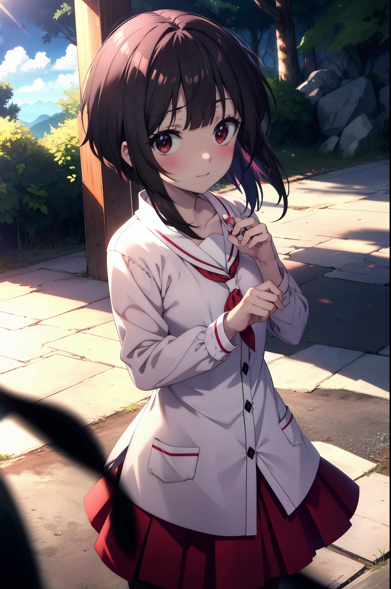 konosubaMegumin, Megumin, short hair, black hair, (red eyes:1.3), short hair with long locks,white sailor,red cardigan,black pleated skirt,gray pantyhose,brown loafers,smile,blush,He has a long magic wand in his hand.,
break outdoor, forest, nature, wood, village, null, sun, cloud,
break looking at viewer, (cowboy shot:1.5),
break (masterpiece:1.2), highest quality, High resolution, unity 8k wallpaper, (shape:0.8), (fine and beautiful eyes:1.6), highly detailed face, perfect lighting, Very detailed CG, (perfect hands, perfect anatomy),