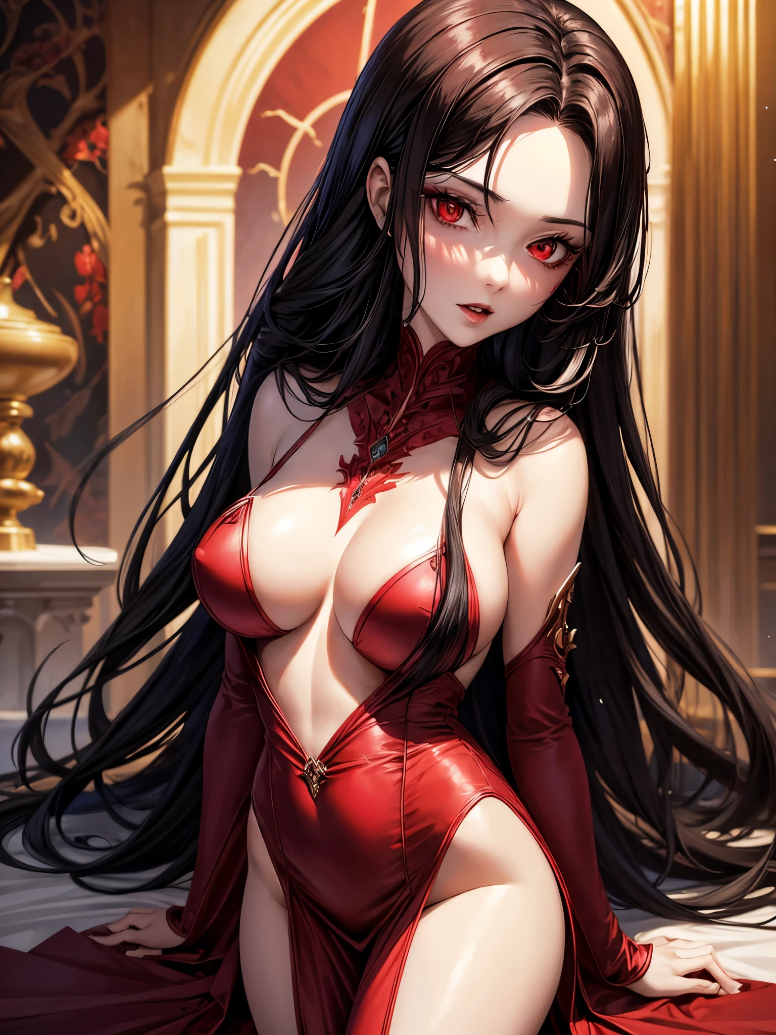 beautiful vampire goddess, brunette very long hair, red eyes, wearing a sexy red and black dress, ultrasharp, looking at the viewer, ((best quality)), ((masterpiece)), (detailed), perfect face, big breast, sexy body, (masterpiece), (best quality), (ultra detailed),(disheveled hair),(illustration), looking at viewer, detailed eyes, best lighting, best shadow, add detail,