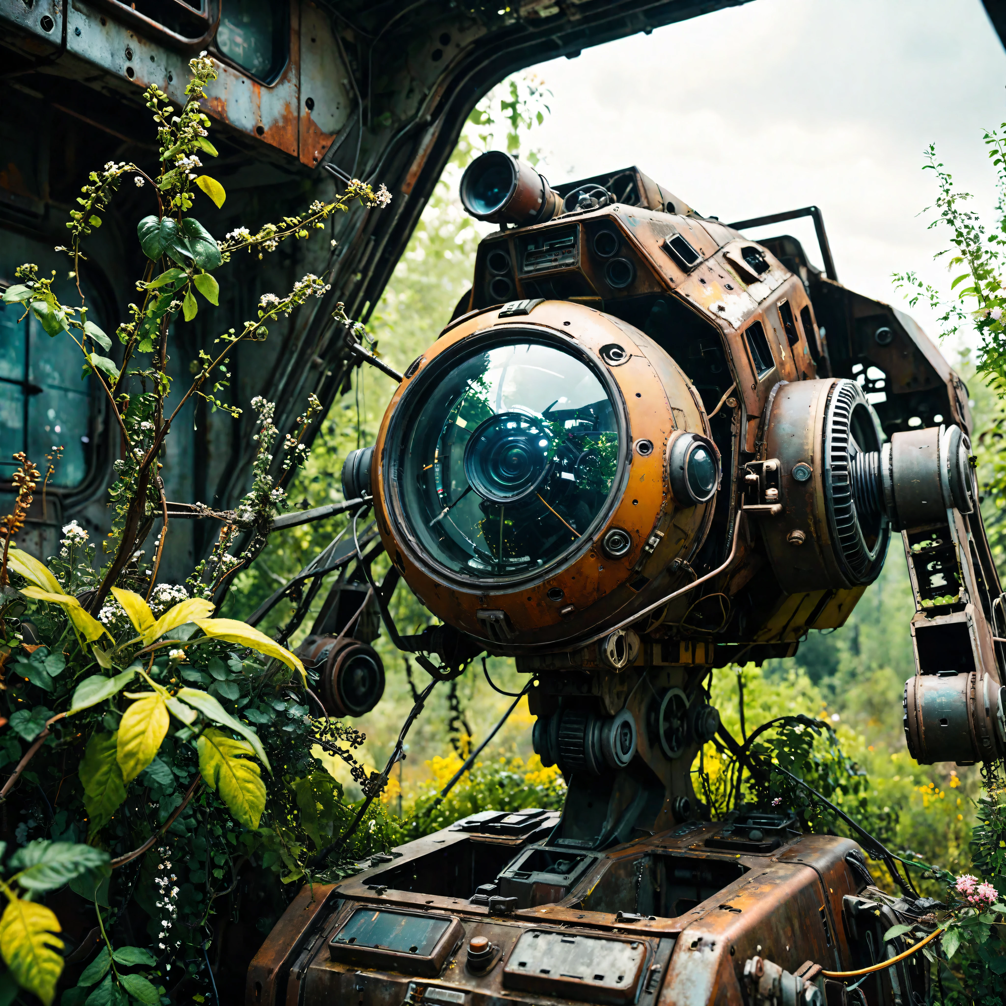 ((Masterpiece in maximum 16K resolution):1.6),((soft_color_photograpy:)1.5), ((Ultra-Detailed):1.4),((Movie-like still images and dynamic angles):1.3). | (Cinematic photo of an abandoned mech cockpit), (cinematic lens), (overgrown vines), (broken machines), (rusted steel), (edelweiss flowers), (dust), (oil stain), (electrical wire hanging), (shimmer), (visual experience), (Realism), (Realistic), award-winning graphics, dark shot, film grain, extremely detailed, Digital Art, rtx, Unreal Engine, scene concept anti glare effect, All captured with sharp focus.