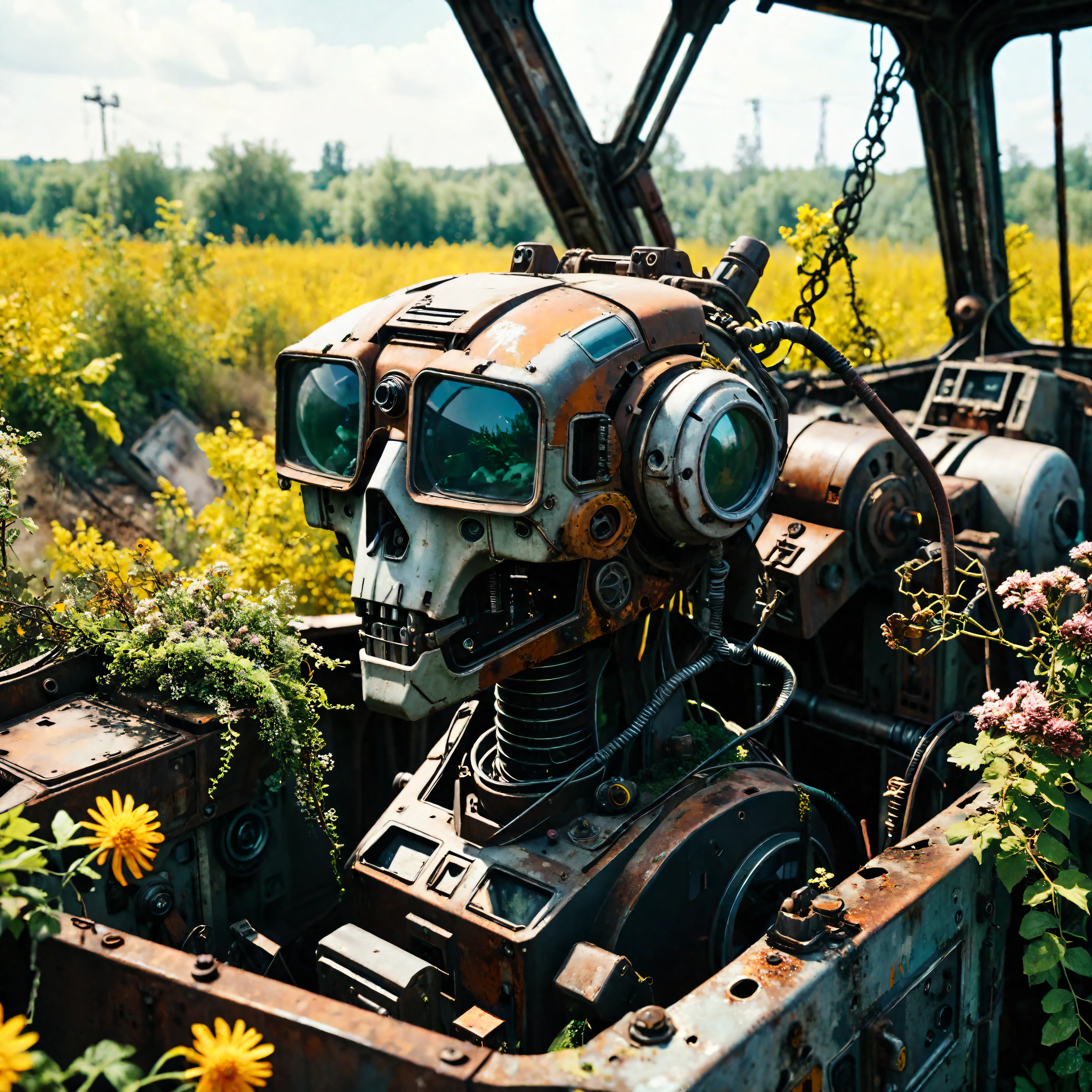 ((Masterpiece in maximum 16K resolution):1.6),((soft_color_photograpy:)1.5), ((Ultra-Detailed):1.4),((Movie-like still images and dynamic angles):1.3). | (Cinematic photo of an abandoned mech cockpit), (cinematic lens), (overgrown vines), (broken machines), (rusted steel), (edelweiss flowers), (dust), (oil stain), (electrical wire hanging), (shimmer), (visual experience), (Realism), (Realistic), award-winning graphics, dark shot, film grain, extremely detailed, Digital Art, rtx, Unreal Engine, scene concept anti glare effect, All captured with sharp focus.