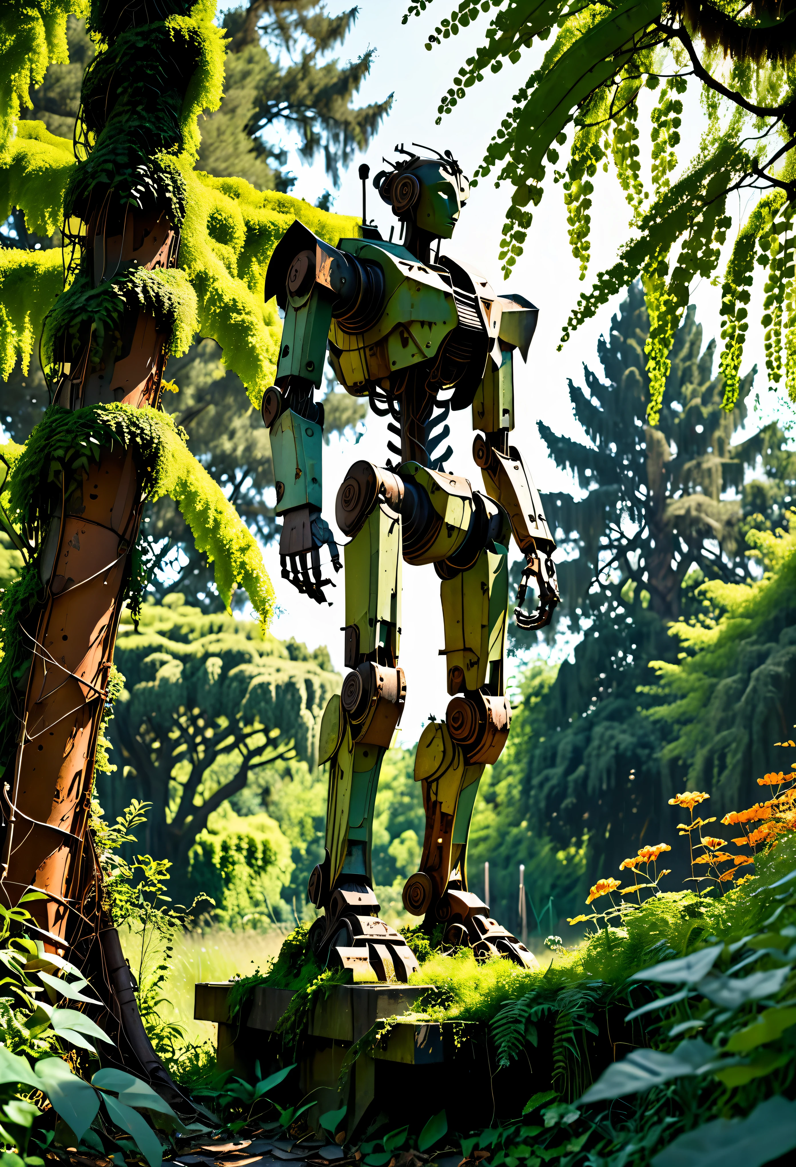 ((Masterpiece in maximum 16K resolution):1.6),((soft_color_photograpy:)1.5), ((Ultra-Detailed):1.4),((Movie-like still images and dynamic angles):1.3). | (Cinematic photo of an abandoned mech cockpit), (cinematic lens), (overgrown vines), (broken machines), (rusted steel), (edelweiss flowers), (dust), (oil stain), (electrical wire hanging), (shimmer), (visual experience), (Realism), (Realistic), award-winning graphics, dark shot, film grain, extremely detailed, Digital Art, rtx, Unreal Engine, scene concept anti glare effect, All captured with sharp focus.