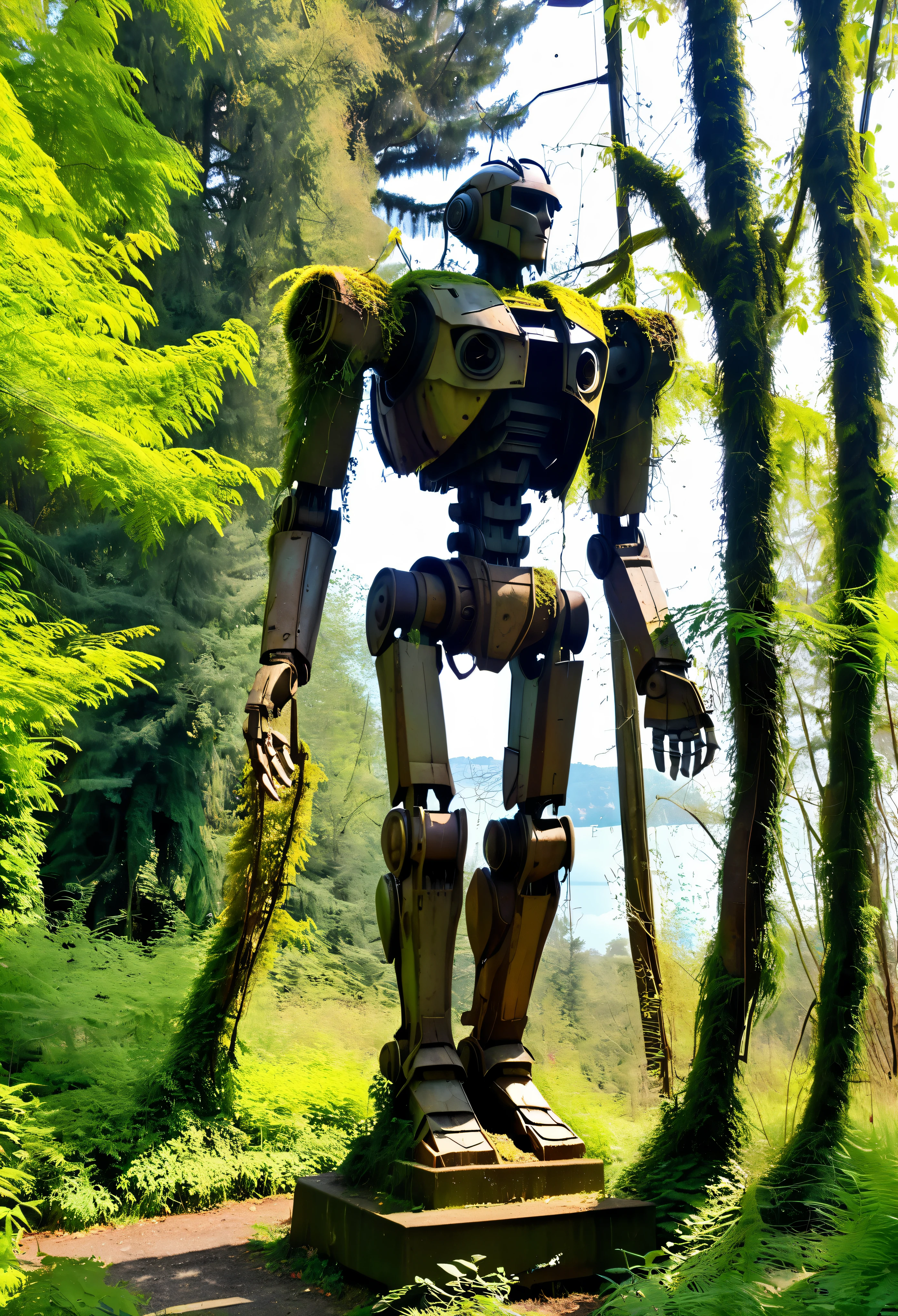 giant abandoned mech that become a forest statue,sculpted by nature,surrounded by lush vegetation,moss-covered ancient metal,weathered and rusted armor parts,twisted and overgrown with vines,(best quality,4k,8k,highres,masterpiece:1.2),ultra-detailed,(realistic,photorealistic,photo-realistic:1.37),HDR,UHD,studio lighting,ultra-fine painting,sharp focus,physically-based rendering,extreme detail description,professional,vivid colors,bokeh,post-apocalyptic,serene and tranquil atmosphere,overgrown with plants and flowers,delicate carvings on the mech's surface,revealing intricate mechanical details,contrasting the organic surroundings,deep sense of history and abandonment,solemn and majestic presence,casting long shadows in the soft sunlight,neighboring trees extending their branches towards the statue,telling a story of coexistence between nature and technology,dappled light filtering through the leaves,creating an ethereal and mystical ambiance.